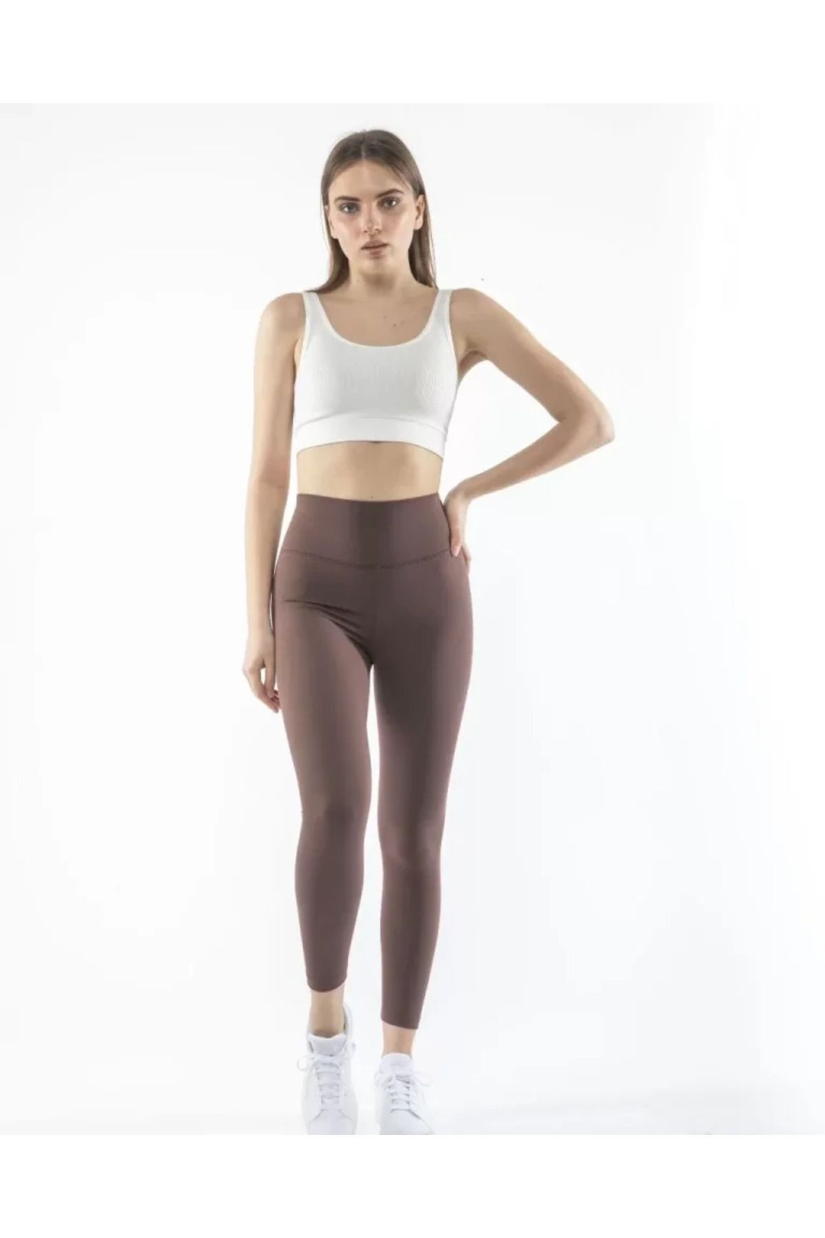 ARUZ MODA Yüksek Bel Sporcu Düz Tayt - Kahverengi