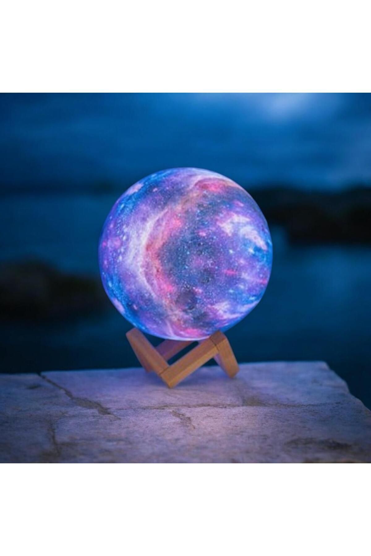 VEYORA 3D Galaksi Ay LED Gece Lambası Dekoratif Ahşap Ayaklı