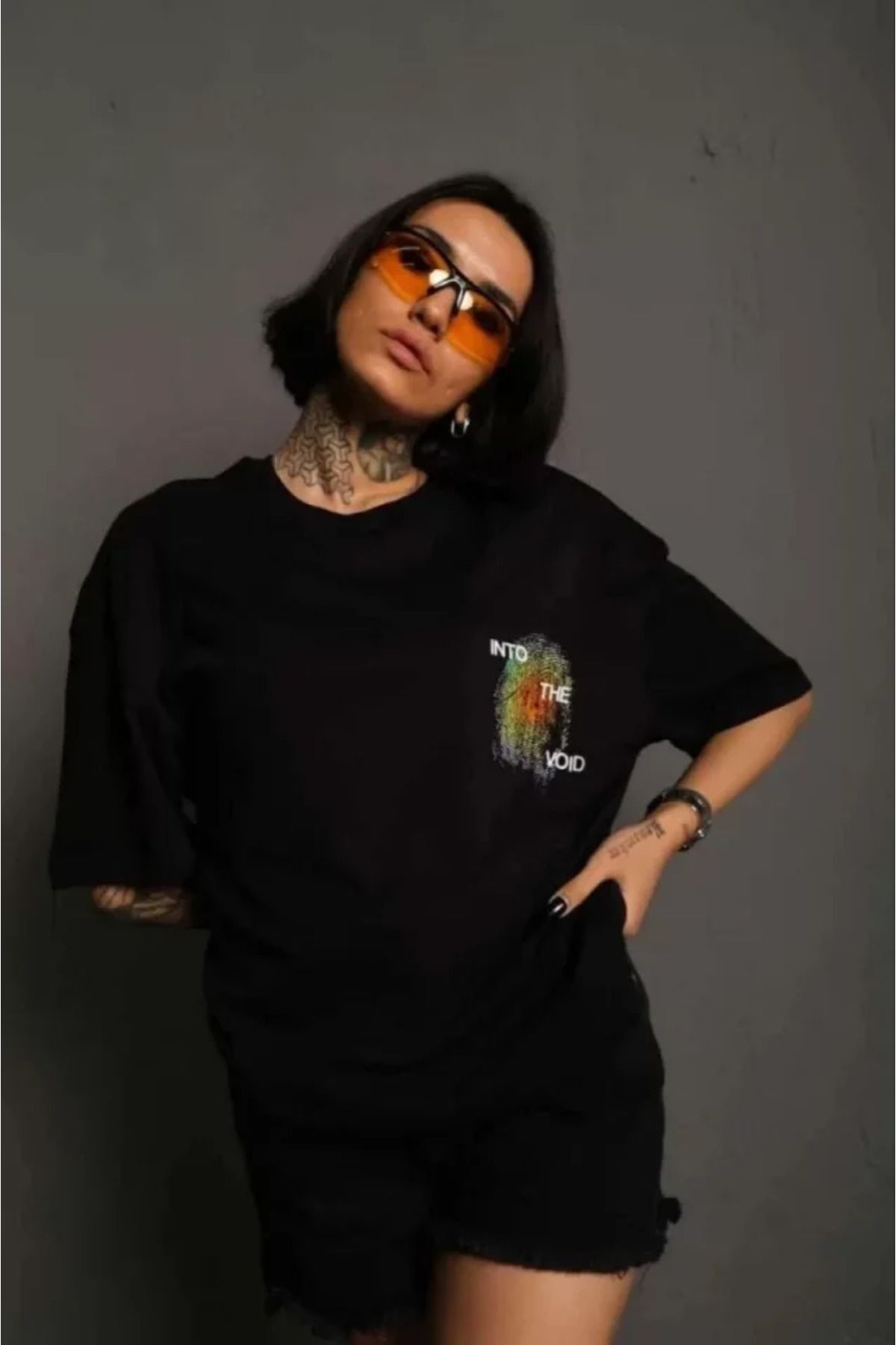 ARUZ MODA Unisex Bisiklet Yaka Baskılı Oversize T-Shirt - Siyah