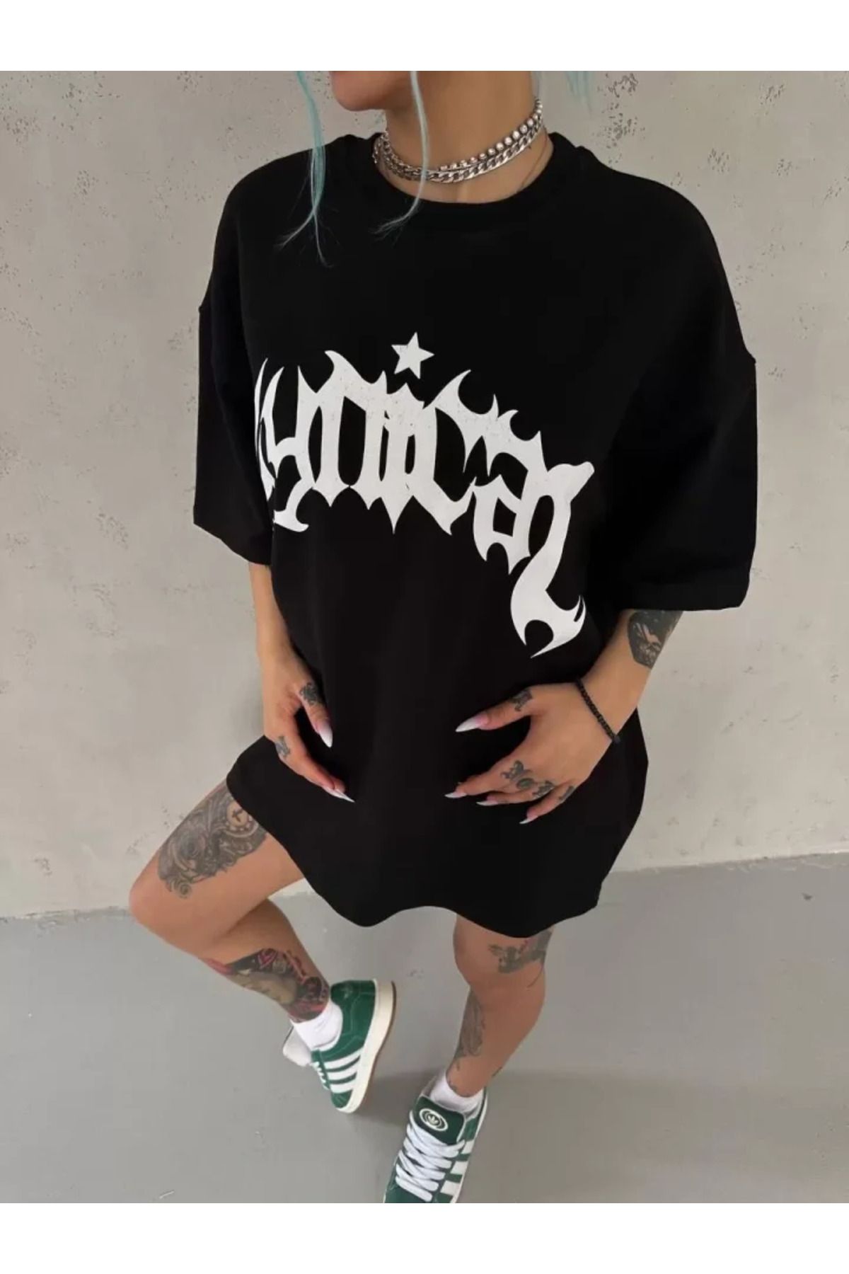 ARUZ MODA Unisex Bisiklet Yaka Baskılı Oversize T-Shirt - Siyah