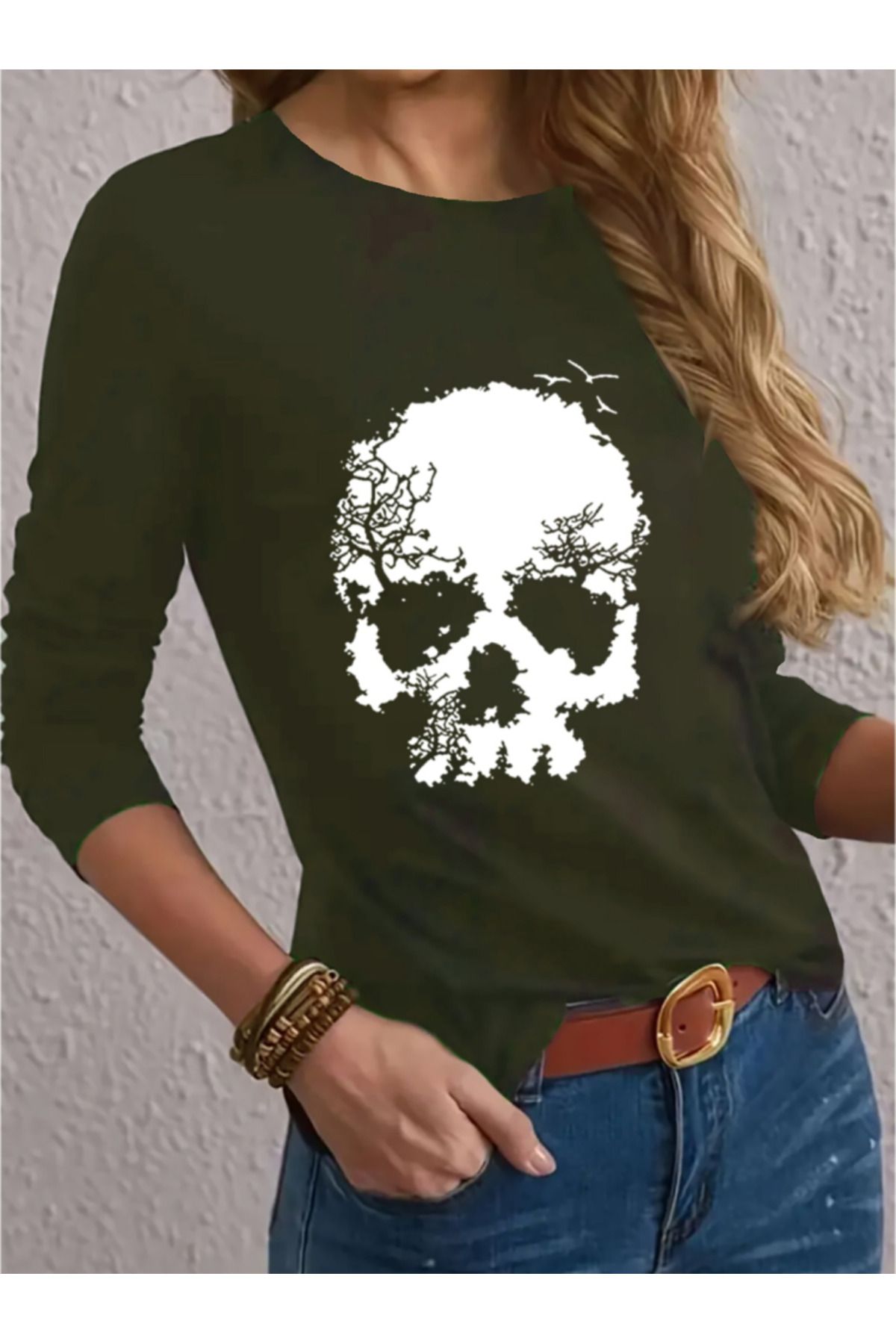 ARUZ MODA Kadın Uzun Kollu Bisiklet Yaka Kurukafa Desenli Viskon Bluz