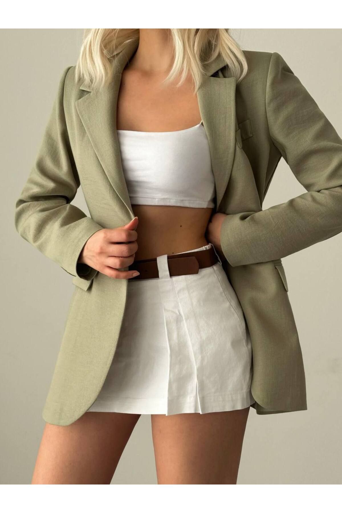 ENZOI Keten Kruvaze Yaka Blazer Ceket