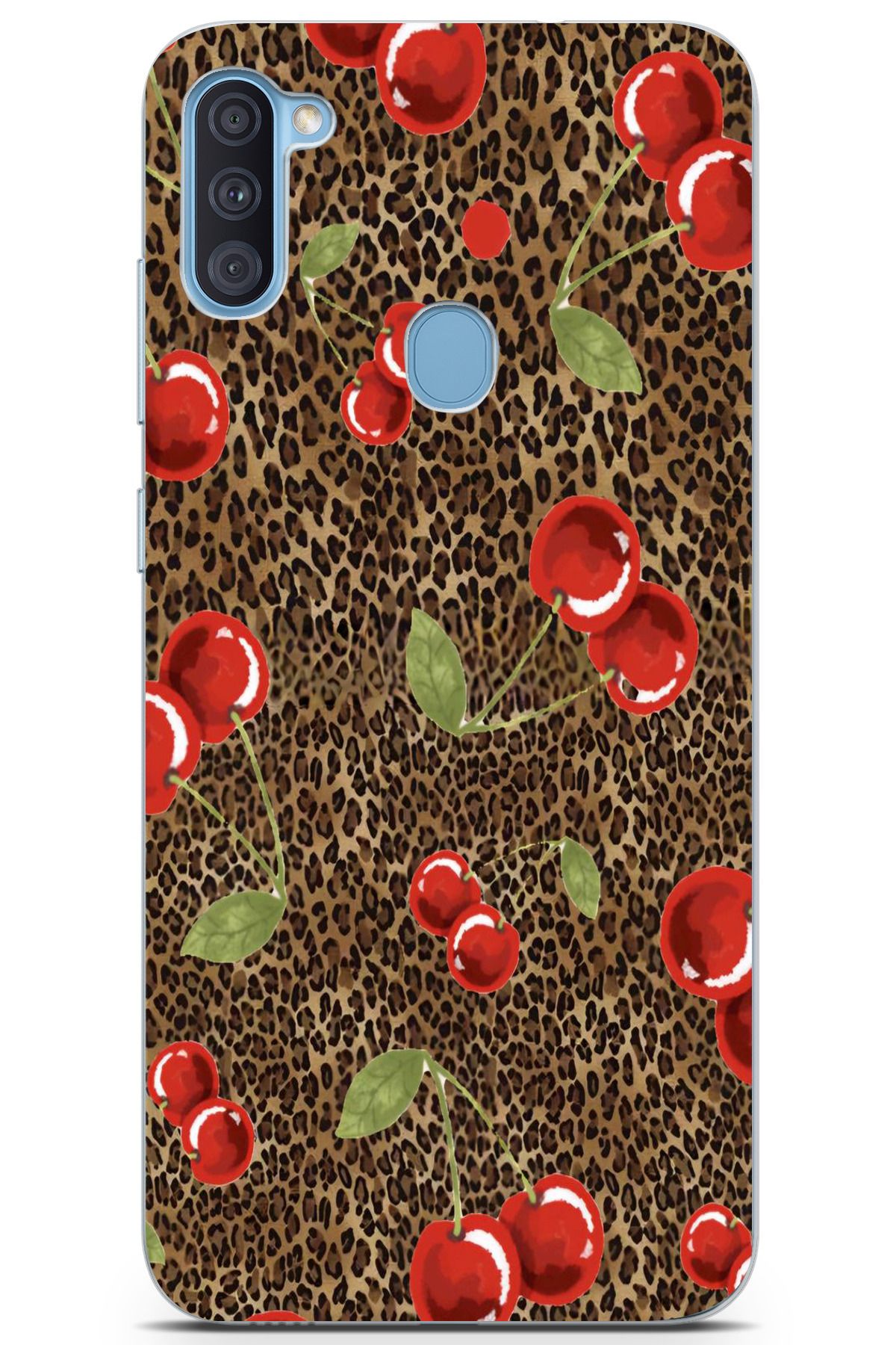 moonset Samsung Galaxy A11 / M11 Uyumlu Leopar ve Kiraz Tasarımlı Baskılı Şeffaf Telefon Kılıfı