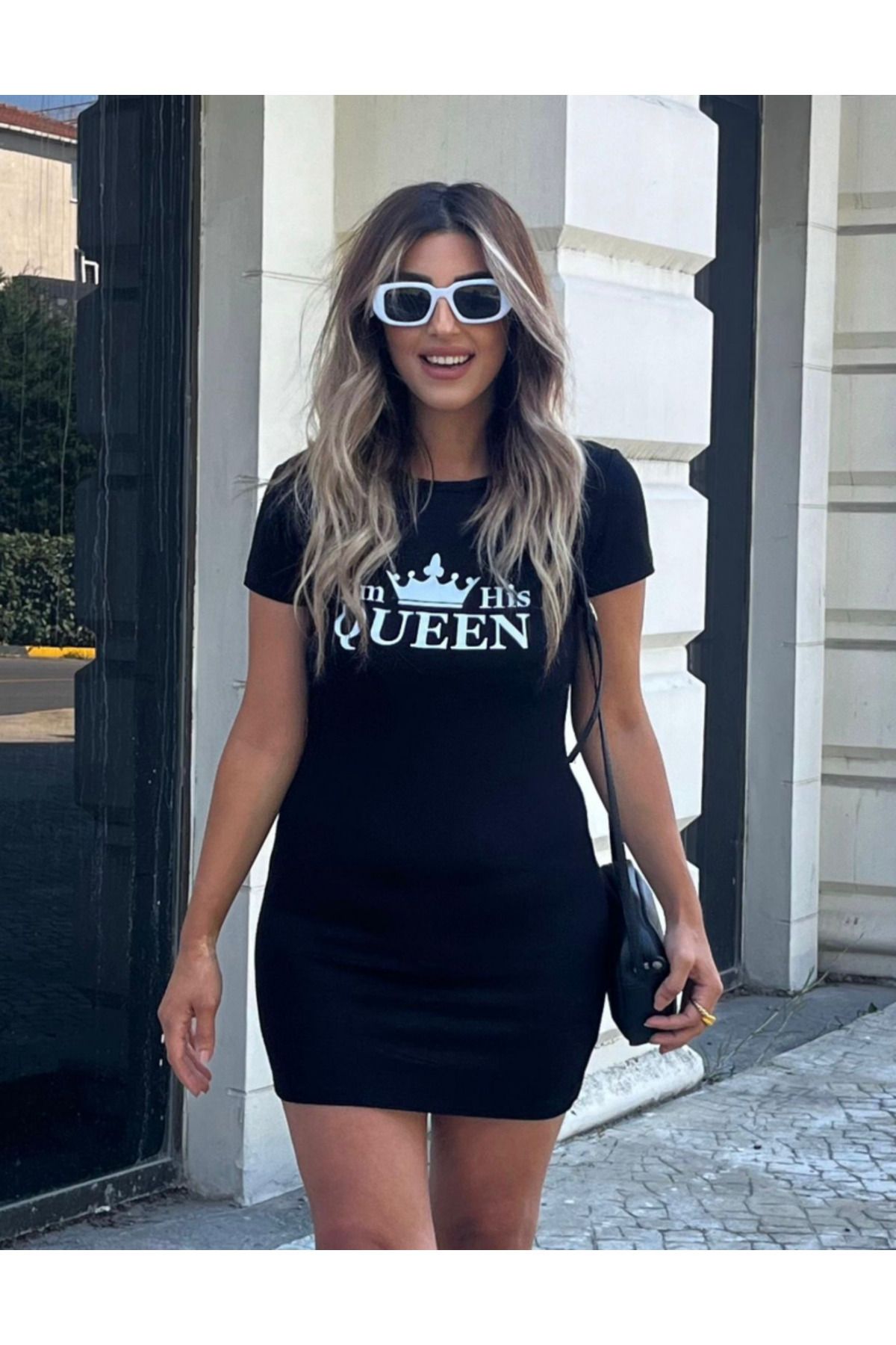 ARUZ MODA Kadın Kısa Kollu Queen Baskı Iki Iplik Mini Elbise