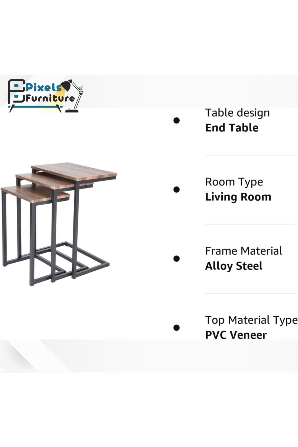 PixelsFurniture-طقم طاولات جانبية متداخلة بتصميم ريفي عصري مكون من 3 قطع من بكسل الأثاث 6