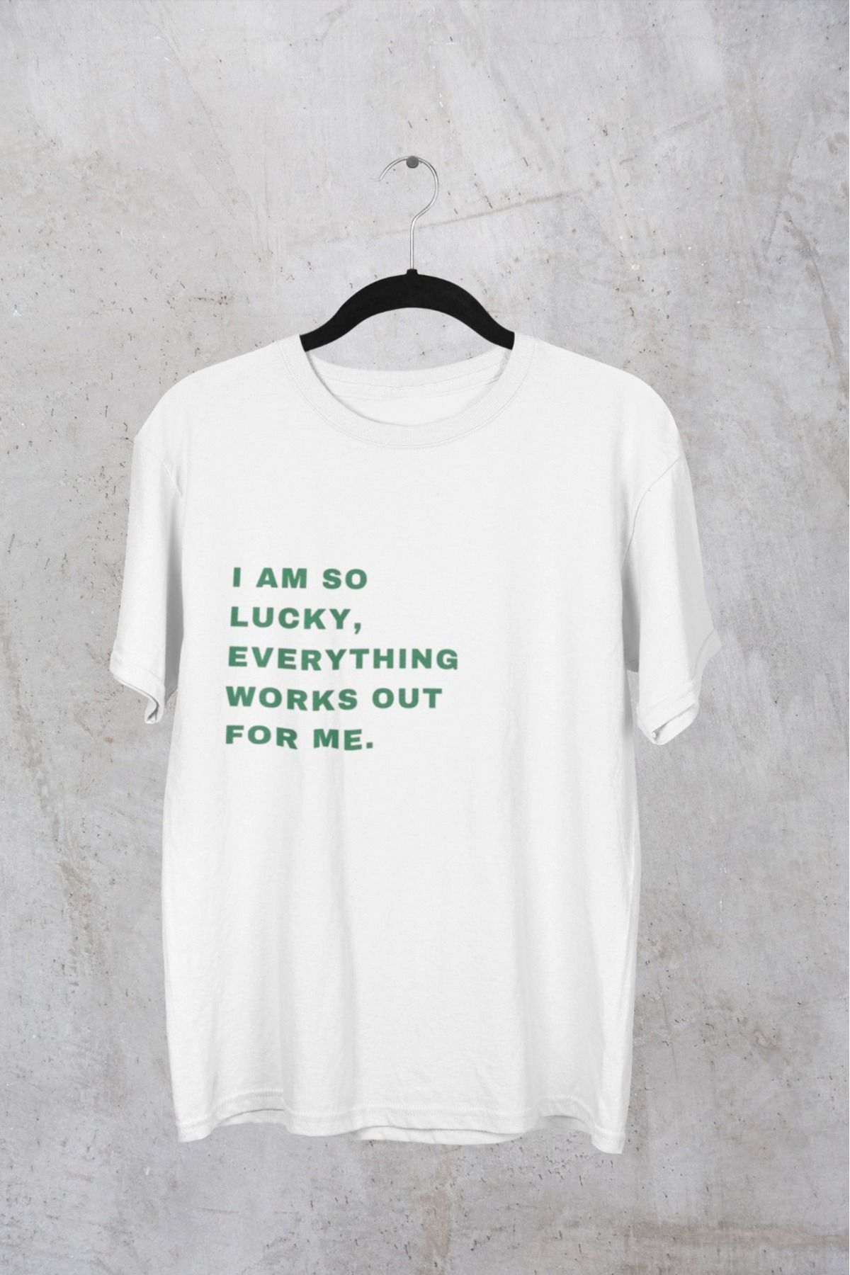Butik ERKEK/KADIN -I AM SO LUCK- TRANSFER BASKILI YUVARLAK YAKA KISA KOL TİŞÖRT