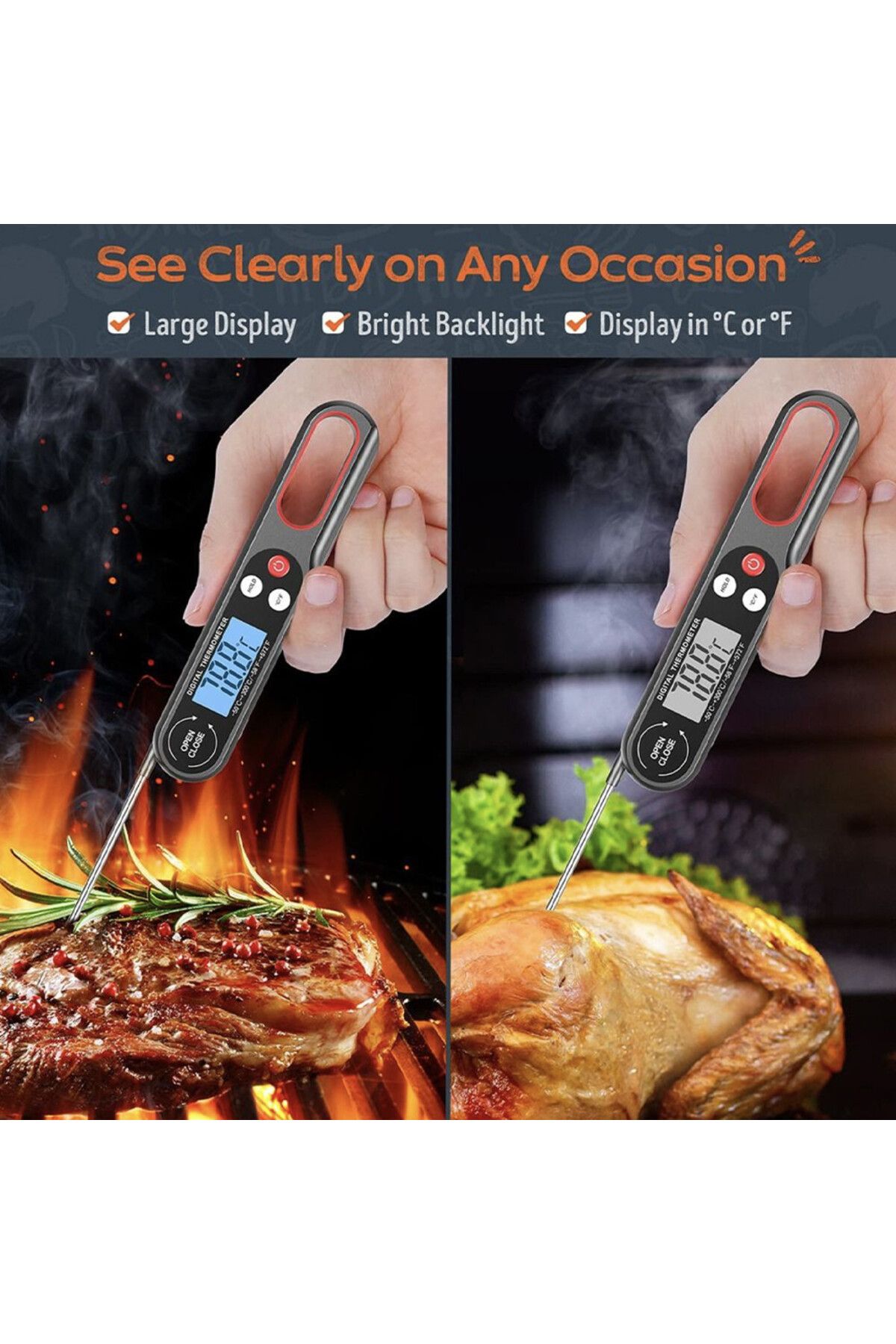 PUFO-Digital thermometer with probe, Large easy-to-read display, -50°C ~ +300°C, Foldable model, Black 6