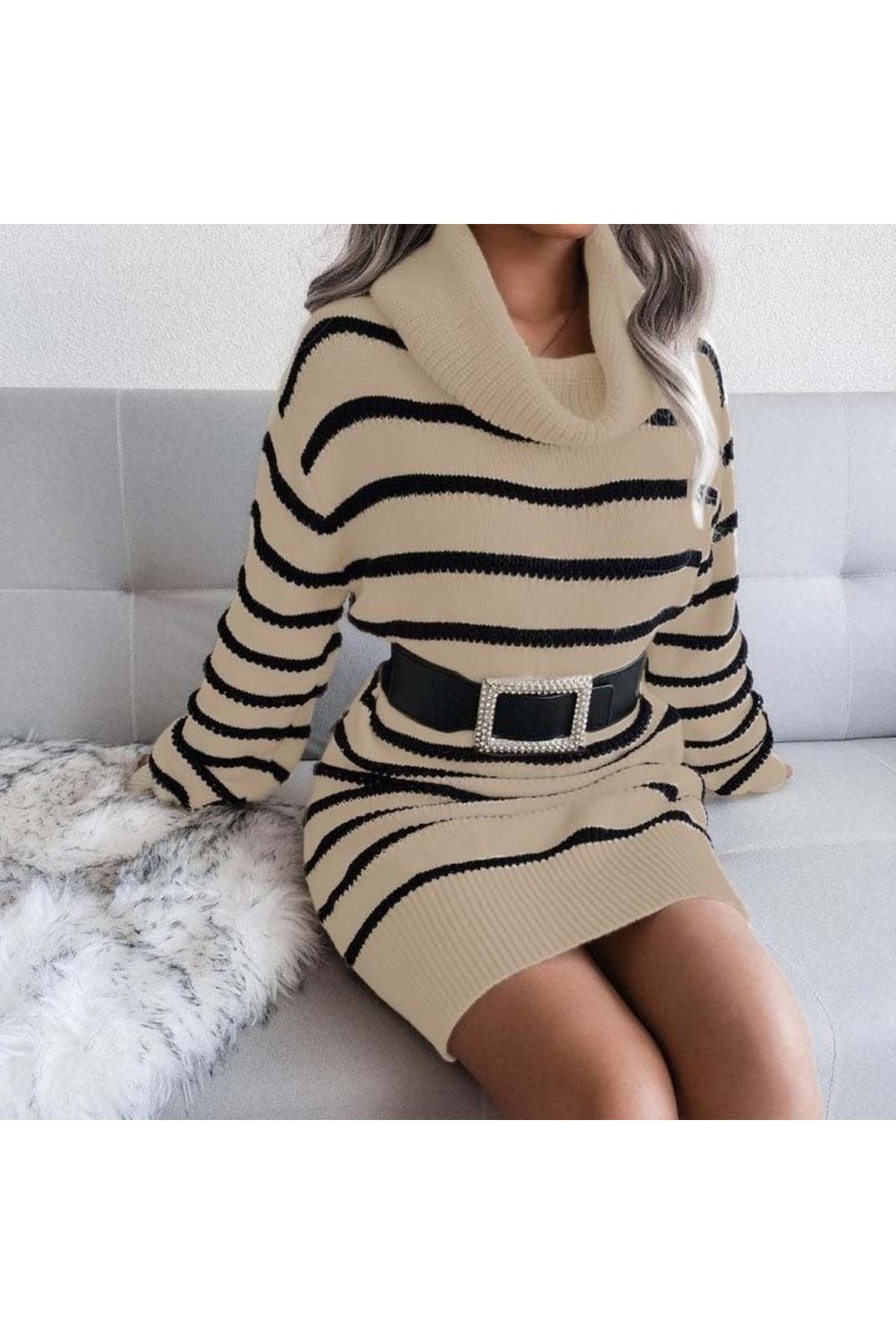 ARUZ MODA Kadın Uzun Kollu Degaje Yaka çizgili Sonya Iplik Mini Boy Triko Elbise (kemersiz)