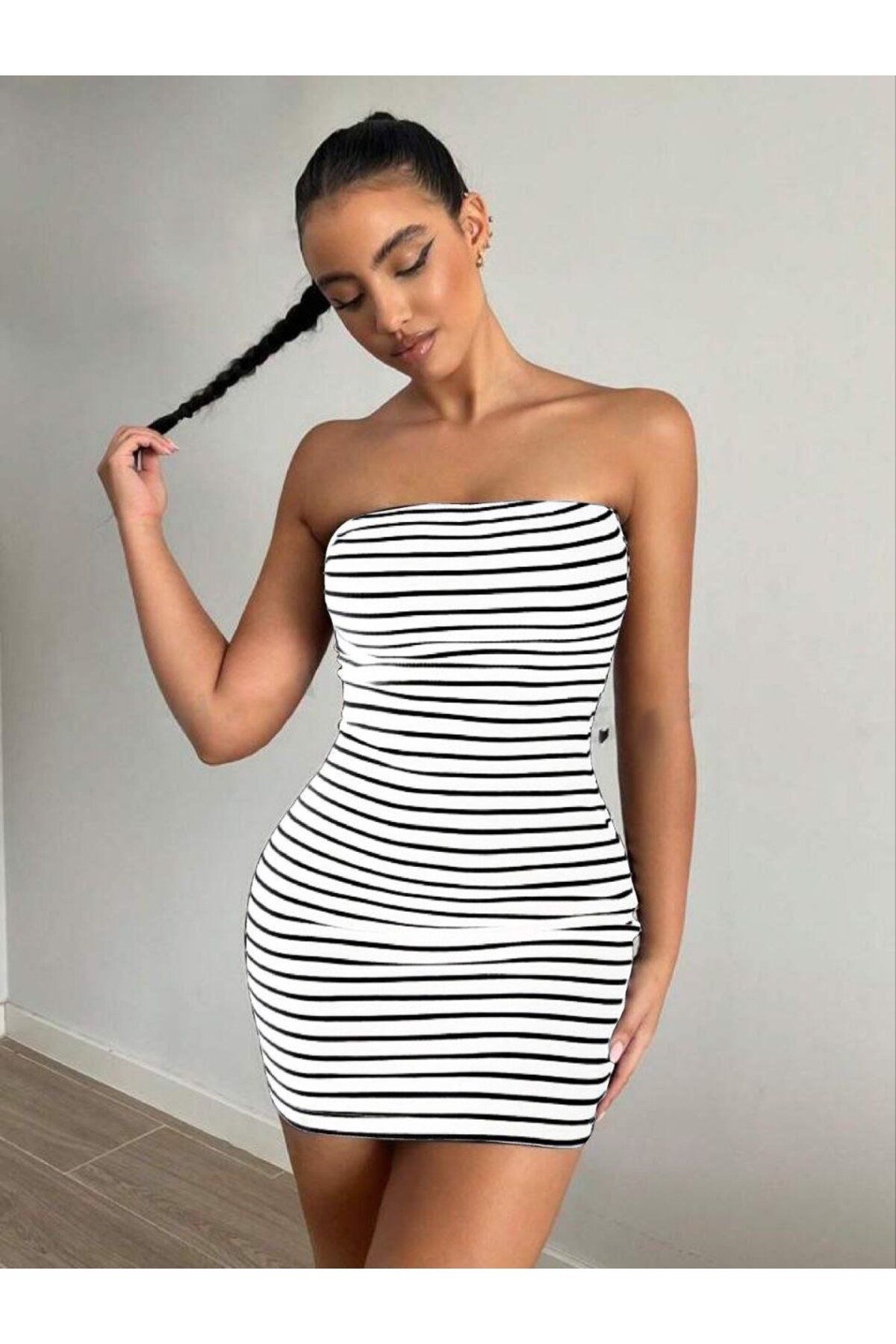 ARUZ MODA Kadın Kaşkorse Kumaş Çizgi Desenli Mini Elbise