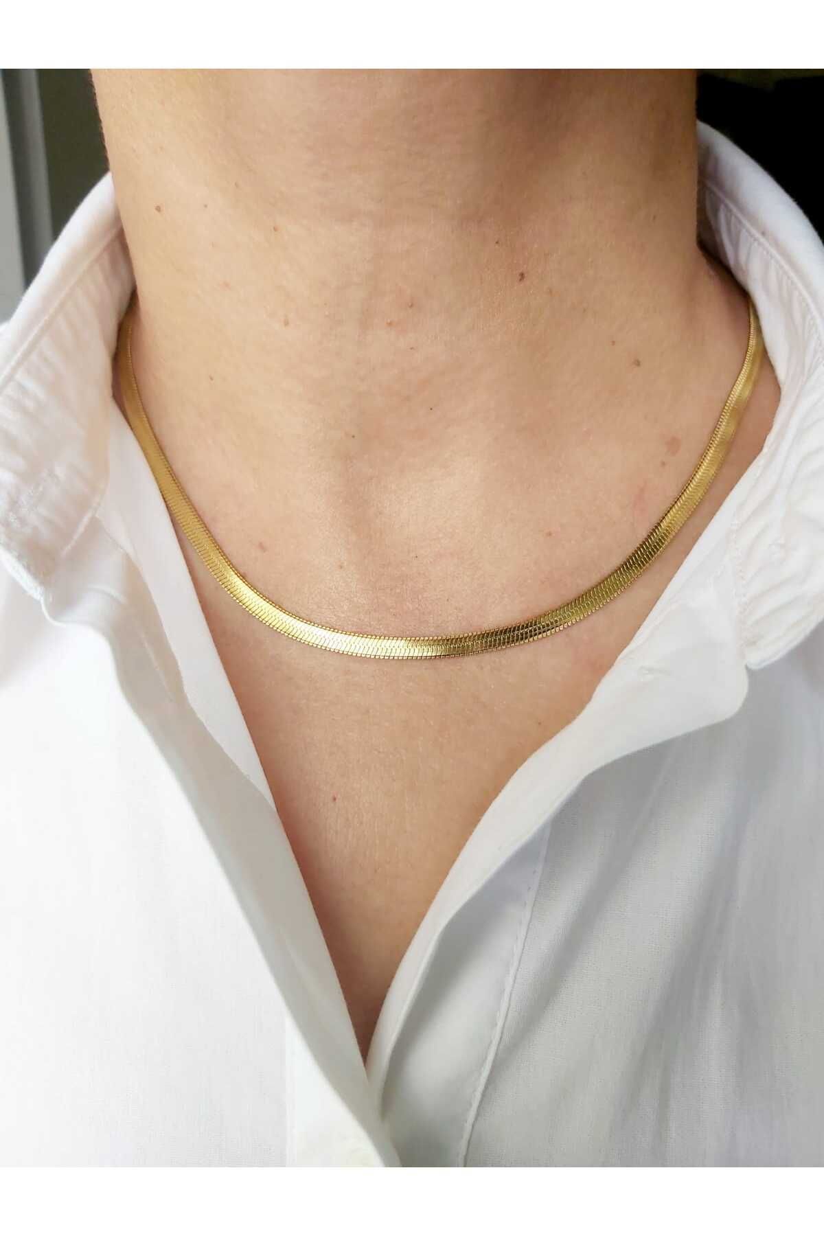DEVİ fashion Çelik Gold Ezme Zincir Kolye 5 Mm