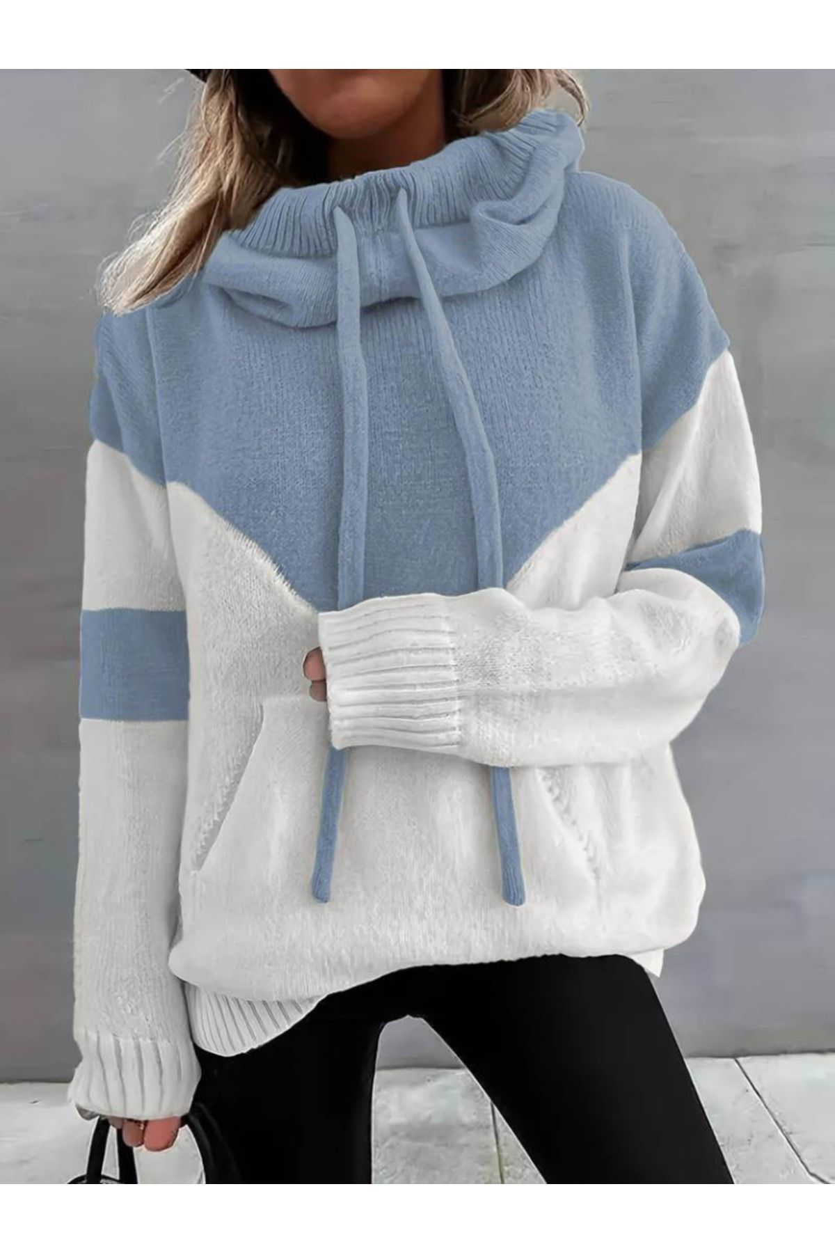 ARUZ MODA Kadın Uzun Kollu Blok Desenli Bağcıklı Triko Bluz