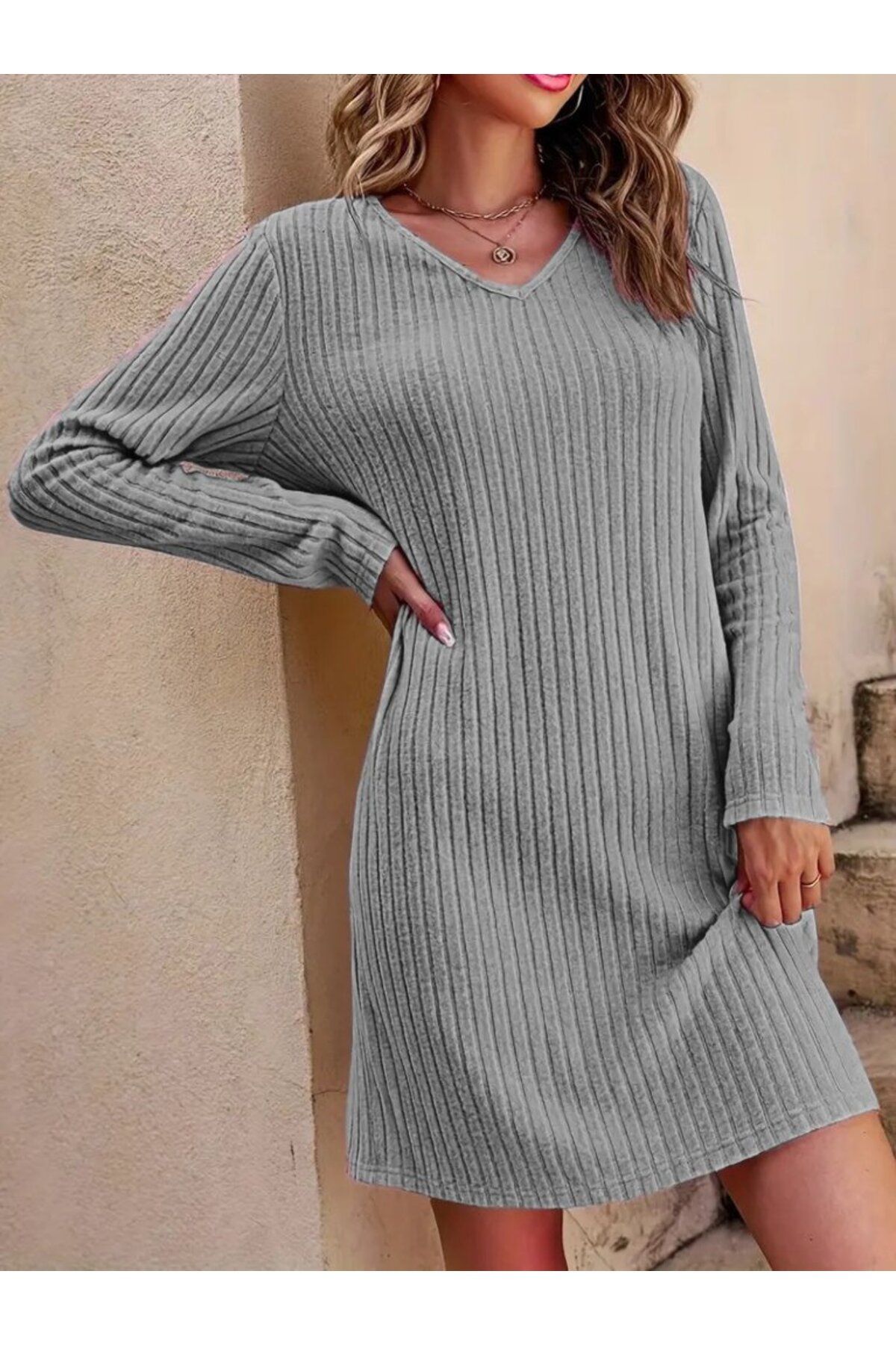 ARUZ MODA Kadın Uzun Kollu V Yakalı Kısa şardonlu Kaşkorse Elbise