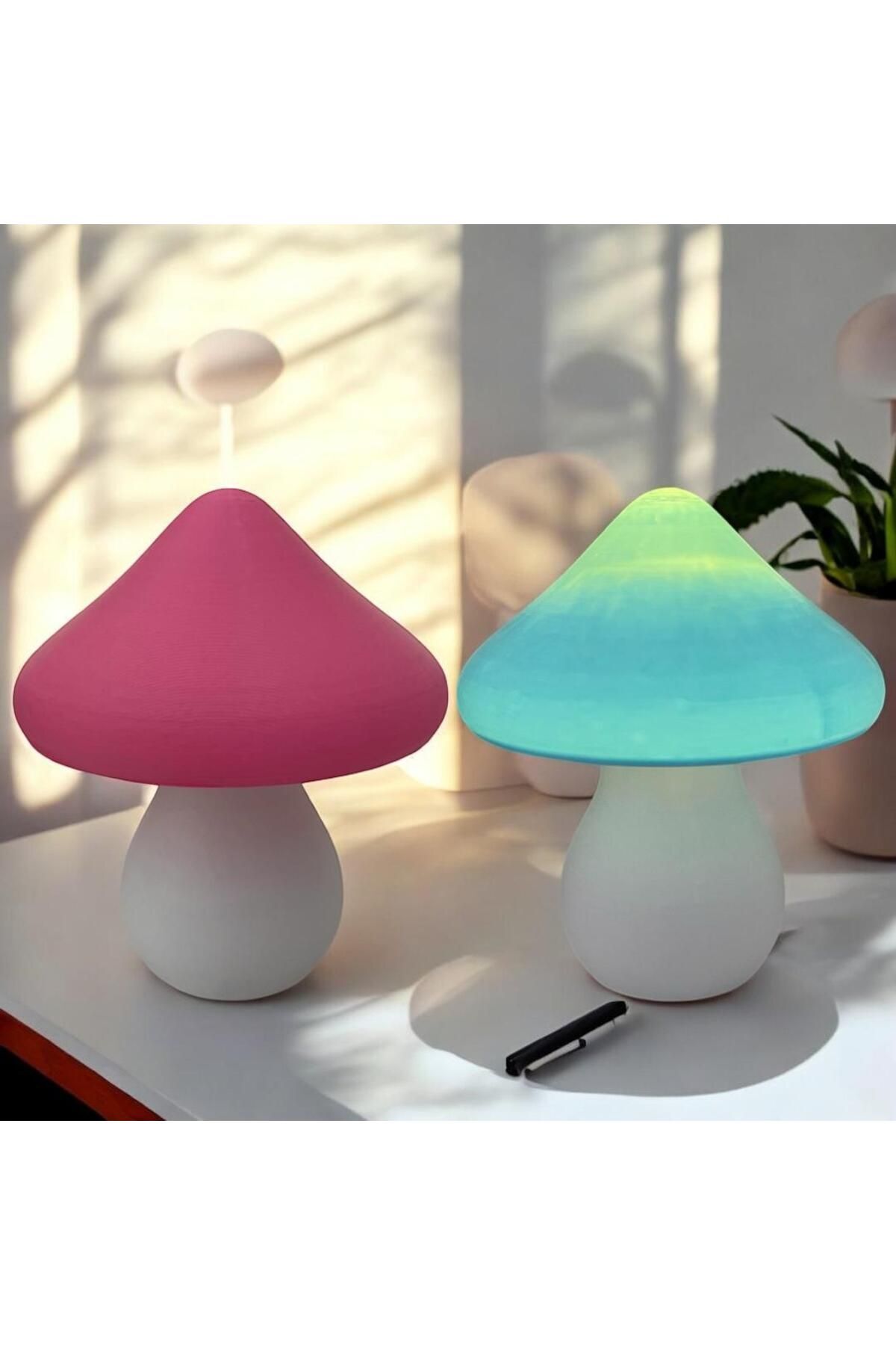 ALCAN D 2 ADET PEMBE-MAVİ DEKORATİF MANTAR LAMBA led mum hediyeli