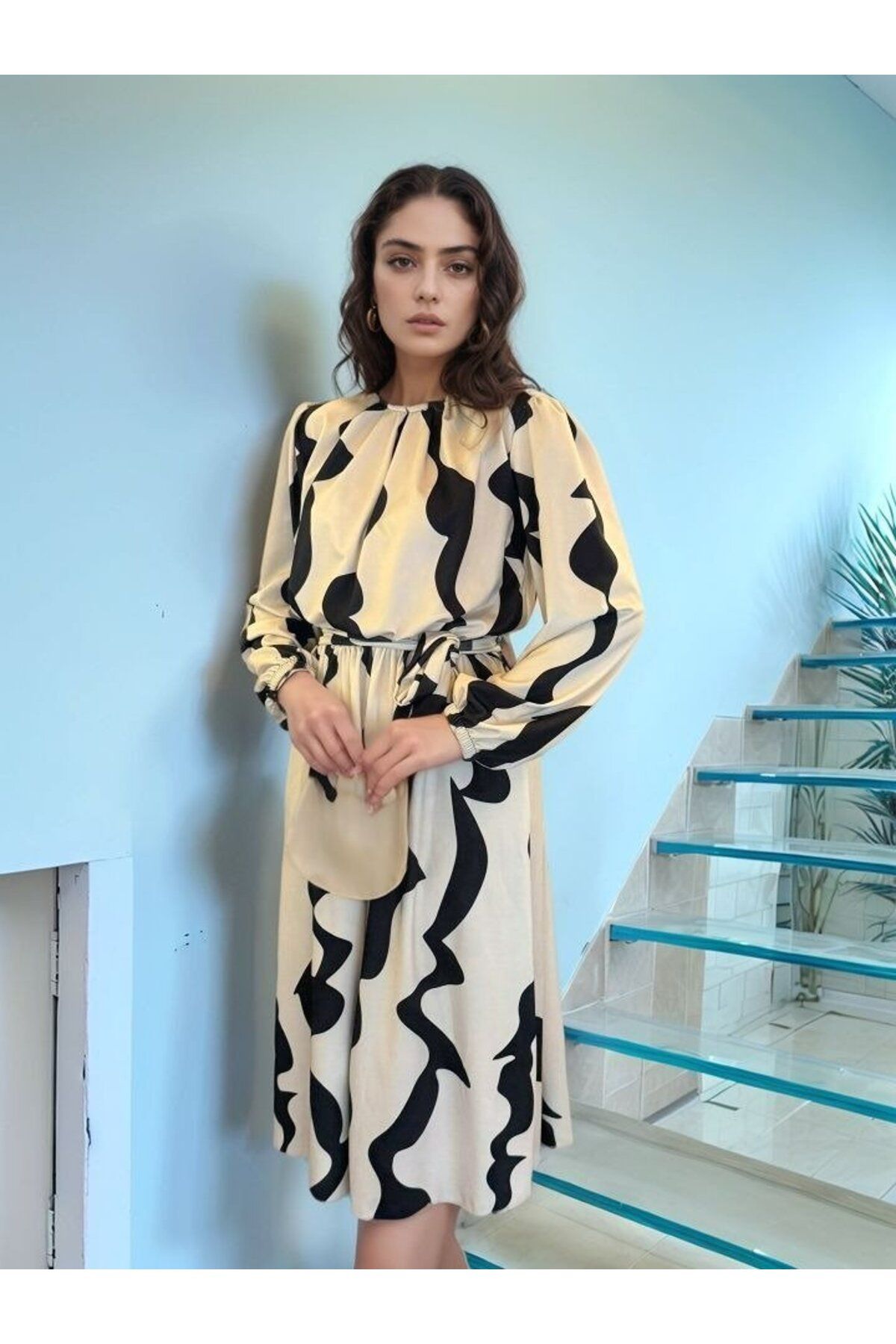 ARUZ MODA Kadın Uzun Kollu Bisiklet Yaka Geometrik Desenli Midi Dalgıç Elbise
