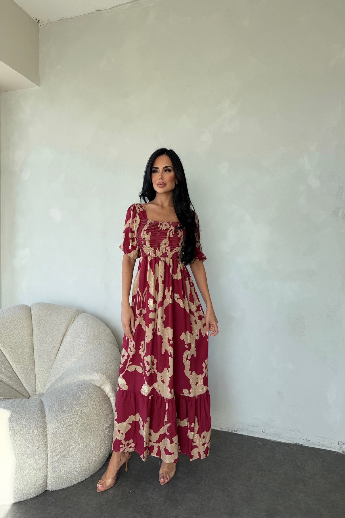 LİLA İSTANBUL Kare Yaka Karpuz Kol Etnik Desenli Yazlık Elbise (Standart Beden S/M/L/XL Uyumludur)