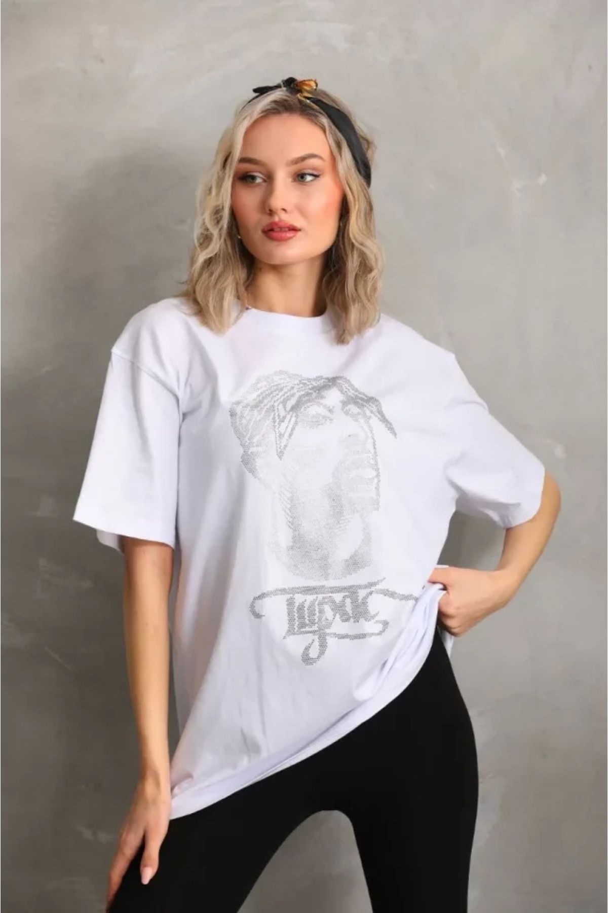 ARUZ MODA Unisex Taş Desenli Oversize T-Shirt - Beyaz