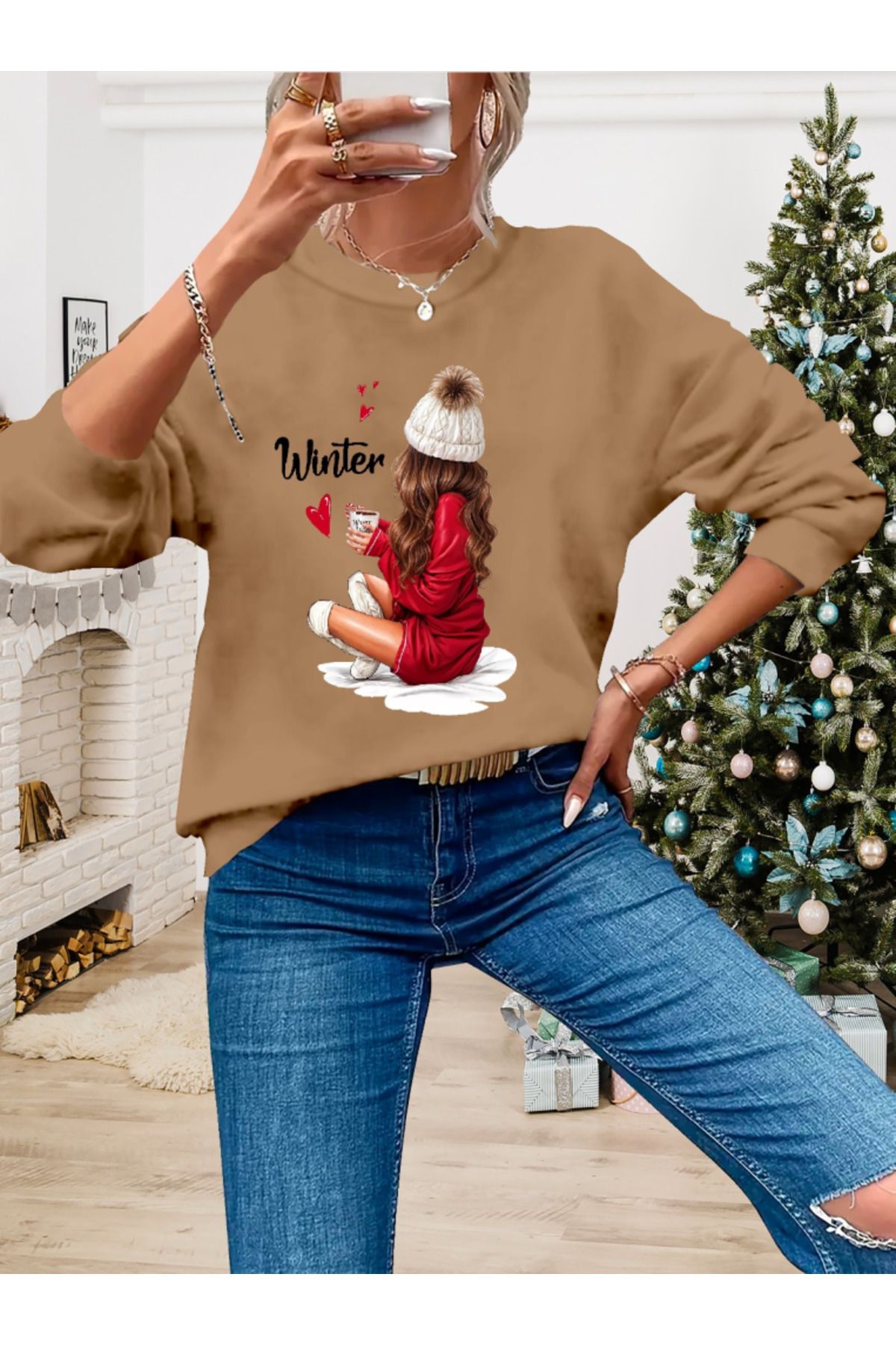 ARUZ MODA Kadın Yılbaşı özel Uzun Kollu Bisiklet Yaka Desenli Viskon Iki Iplik Bluz