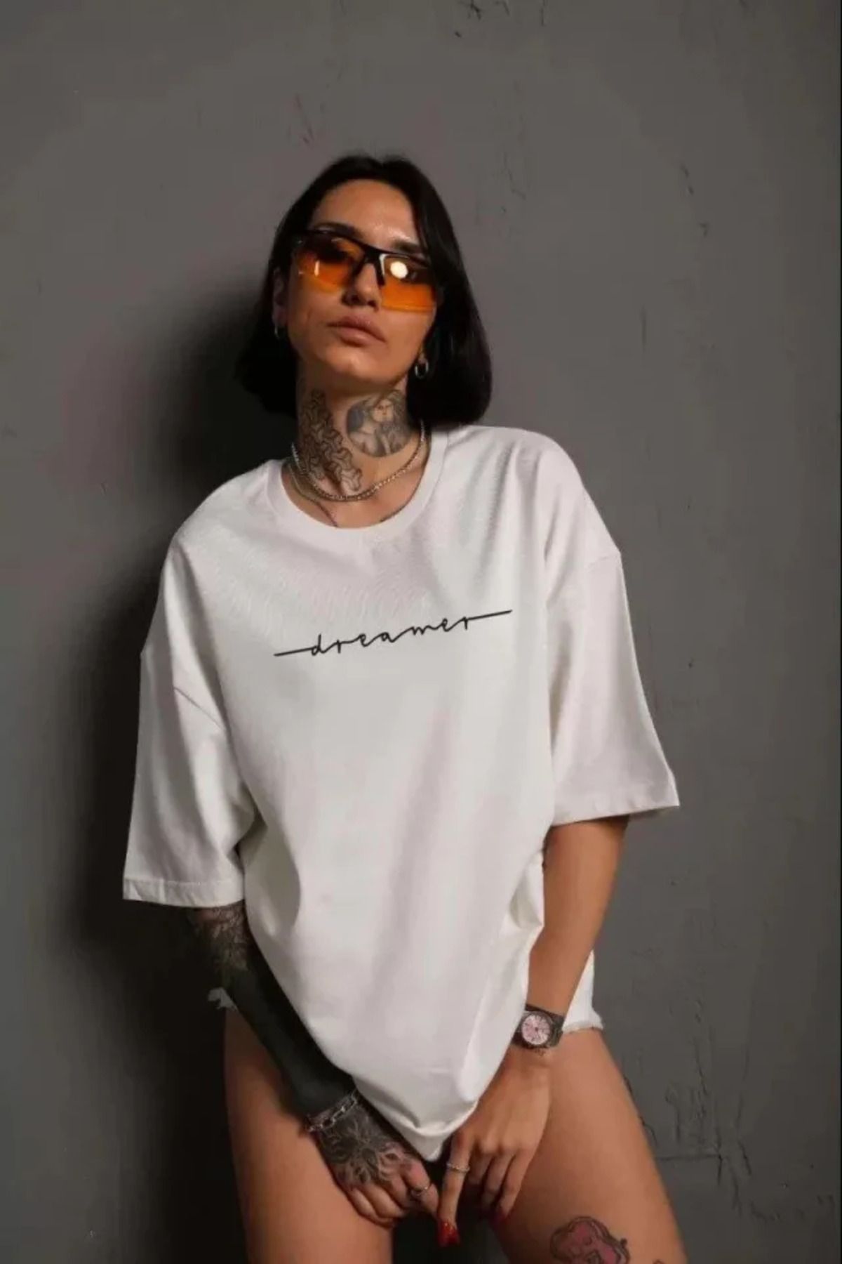 ARUZ MODA Unisex Bisiklet Yaka Baskılı T-Shirt - Beyaz