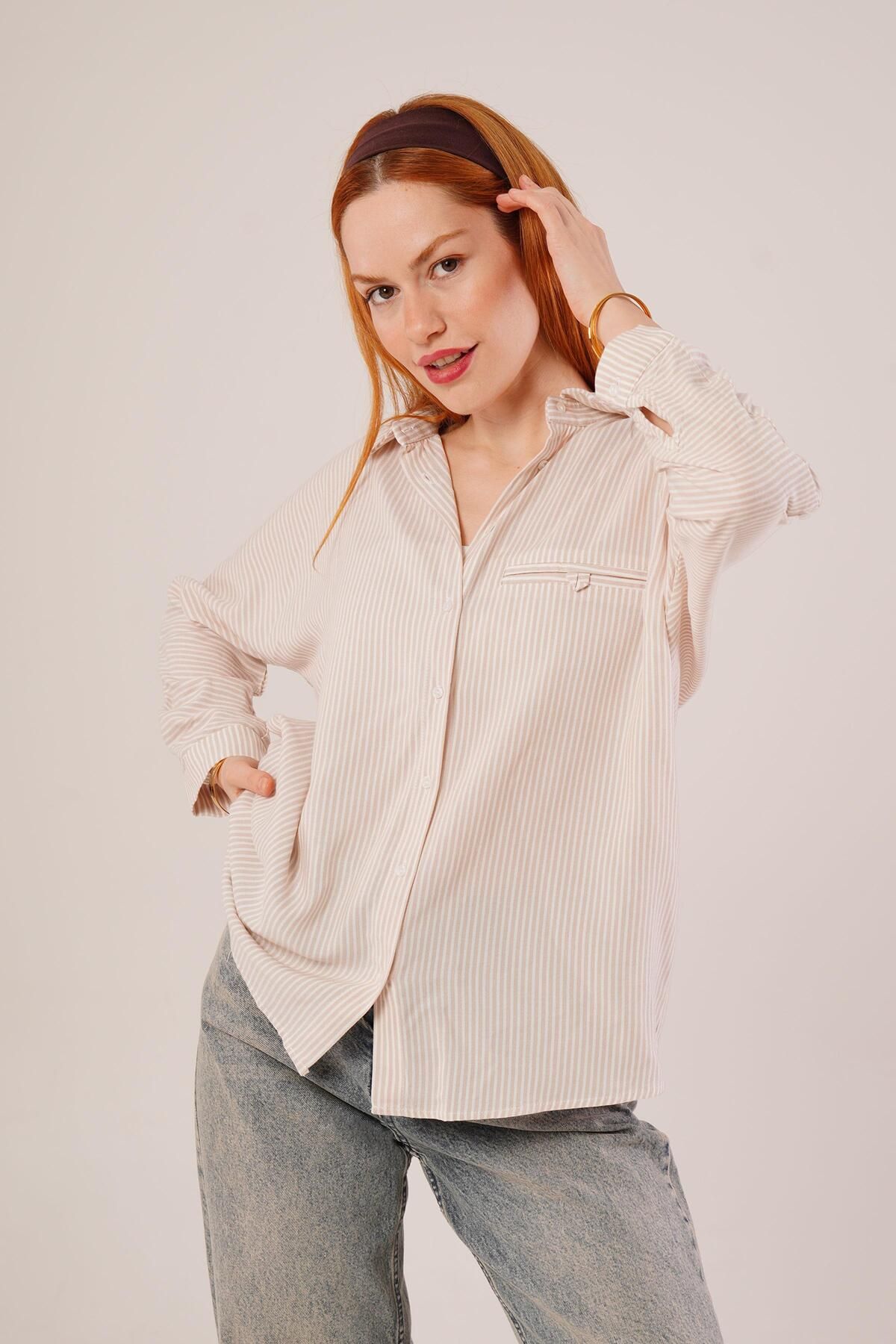 ARUZ MODA Cep Detay Çizgili Oversize Krem Gömlek