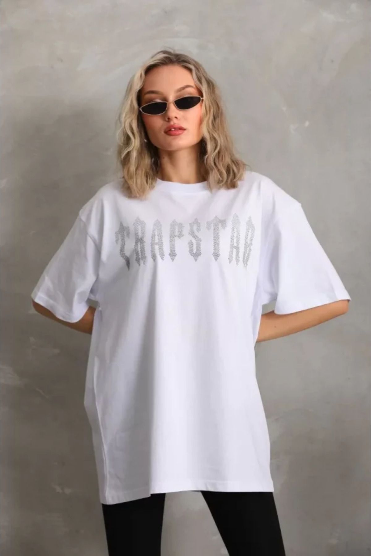 ARUZ MODA Unisex Taş Desenli Oversize T-Shirt - Beyaz