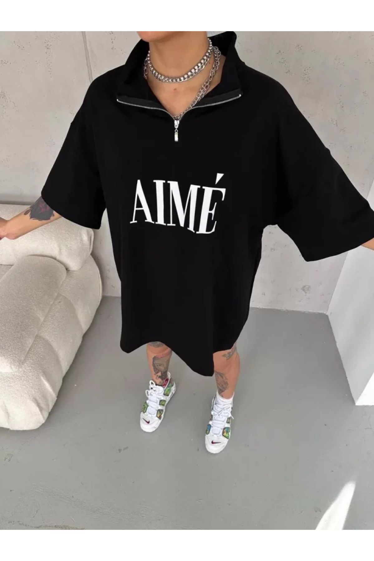ARUZ MODA Unisex Yarım Fermuarlı Baskılı T-Shirt - Siyah