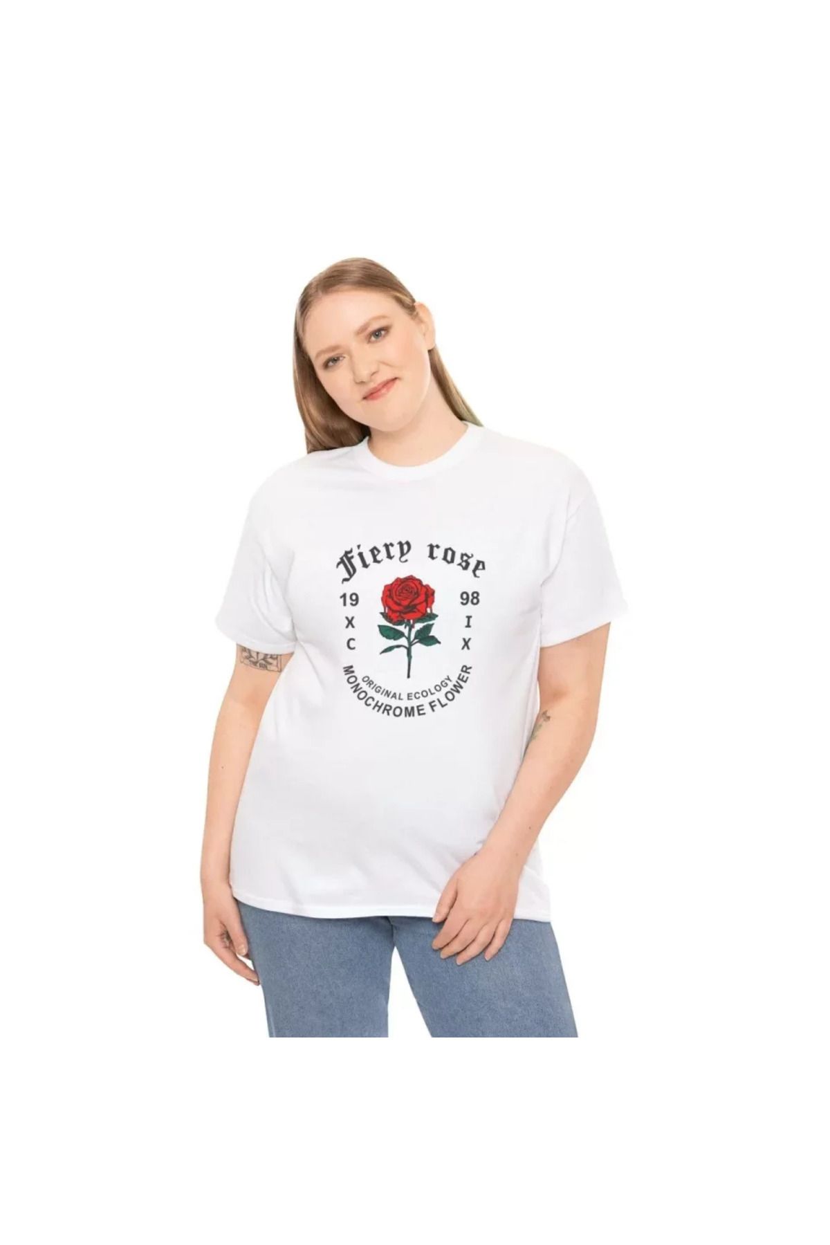 ARUZ MODA Unisex Bisiklet Yaka Baskılı T-Shirt - Beyaz