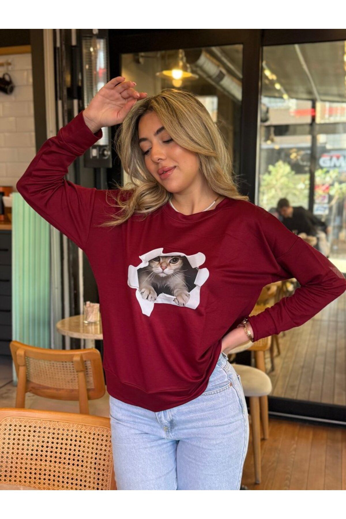 ARUZ MODA Kadın Uzun Kollu Bisiklet Yaka Kedi Desenli Viskon Iki Iplik Bluz