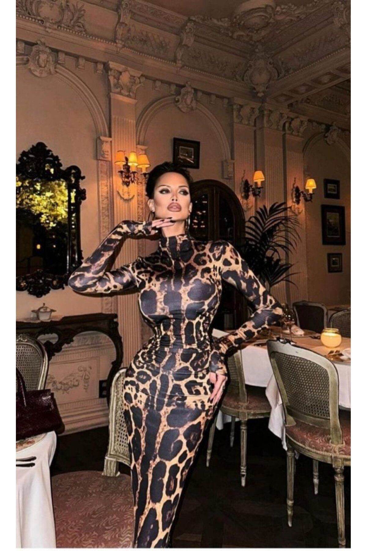 ARUZ MODA Kadın Yarım Balıkçı Yaka Uzun Kollu Leopar Baskılı Atlas Kumaş Maxi Boy Elbise