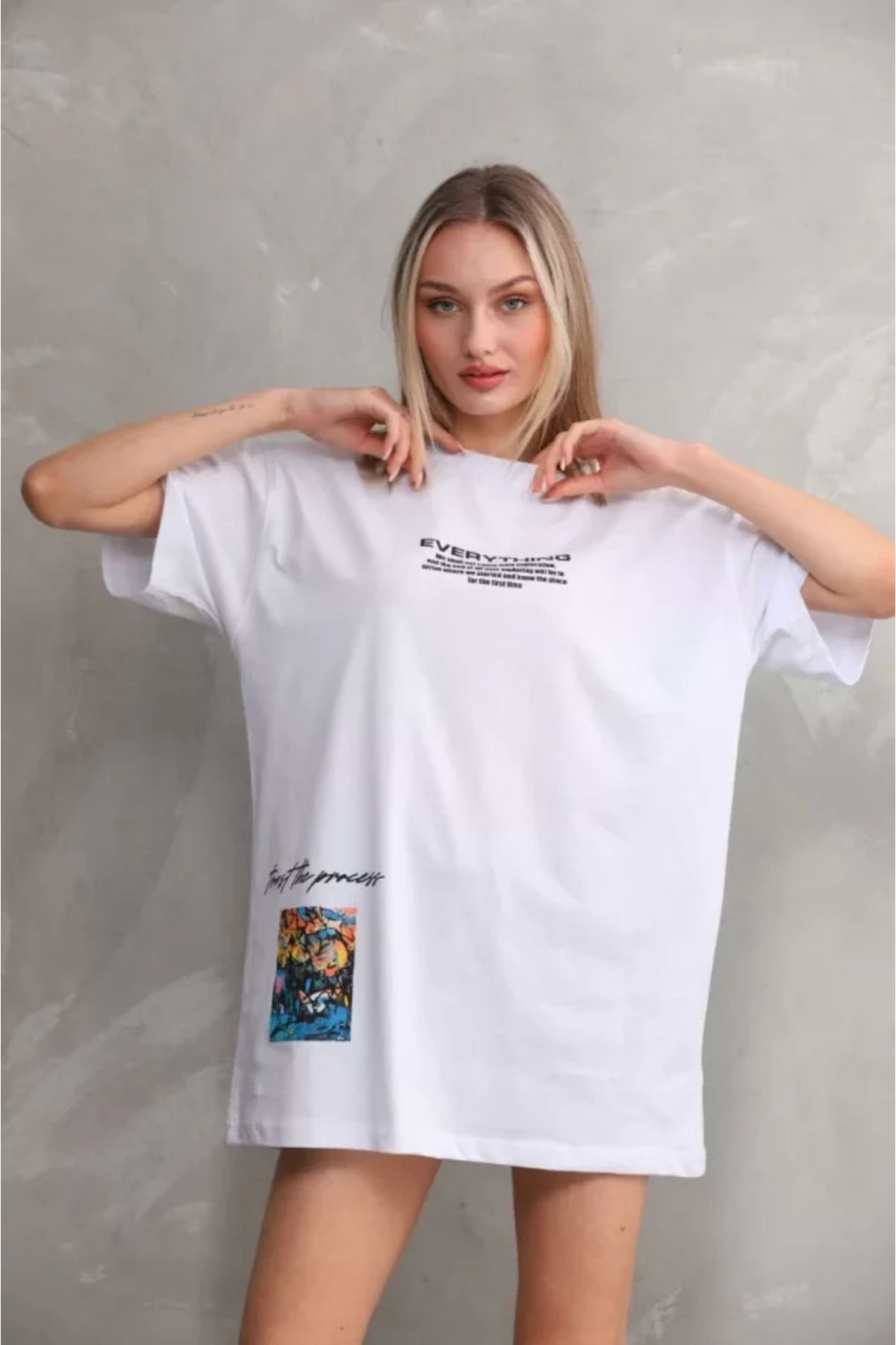 ARUZ MODA Unisex Bisiklet Yaka Baskılı Oversize T-Shirt - Beyaz