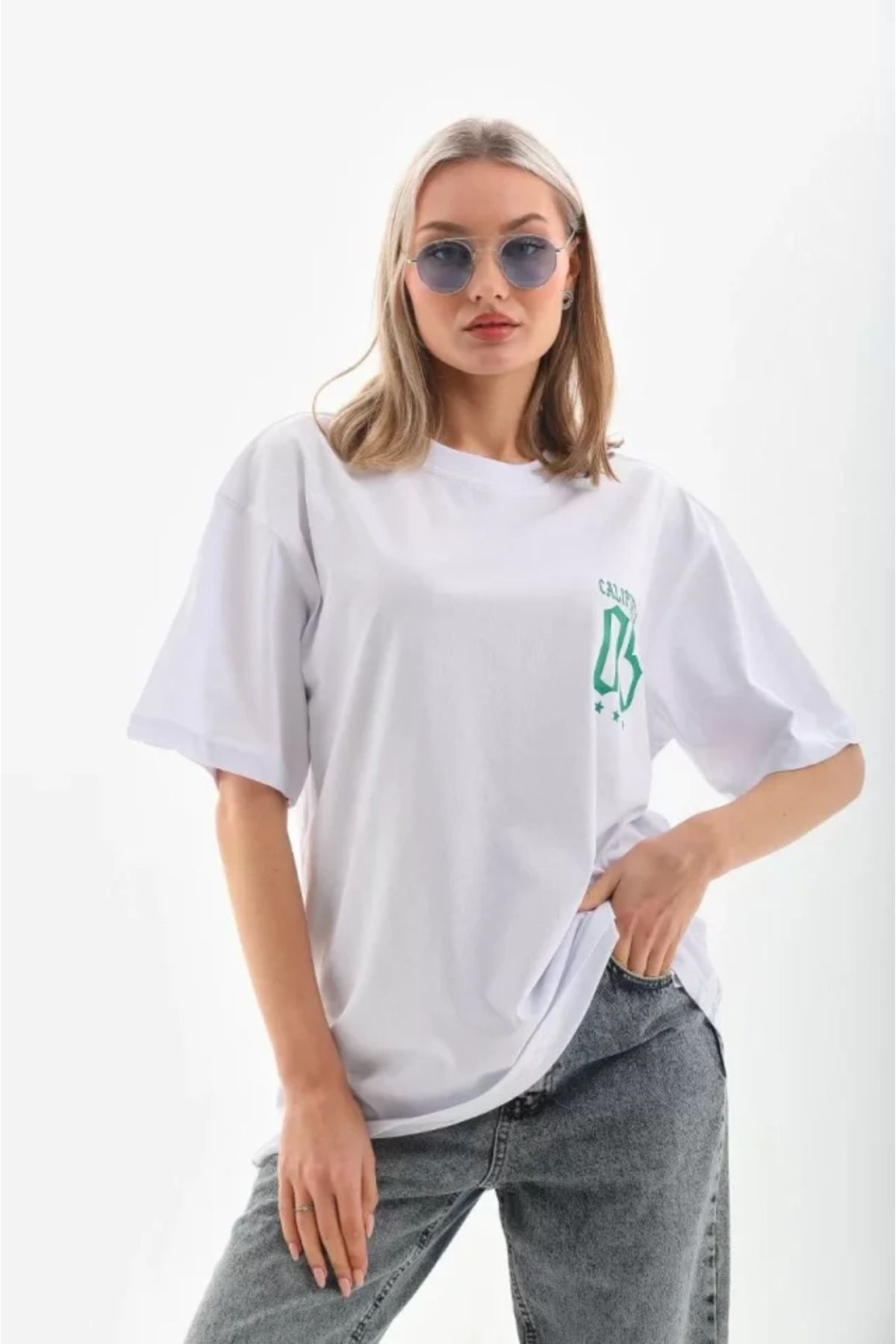 ARUZ MODA Unisex Baskılı Oversize T-Shirt - Beyaz