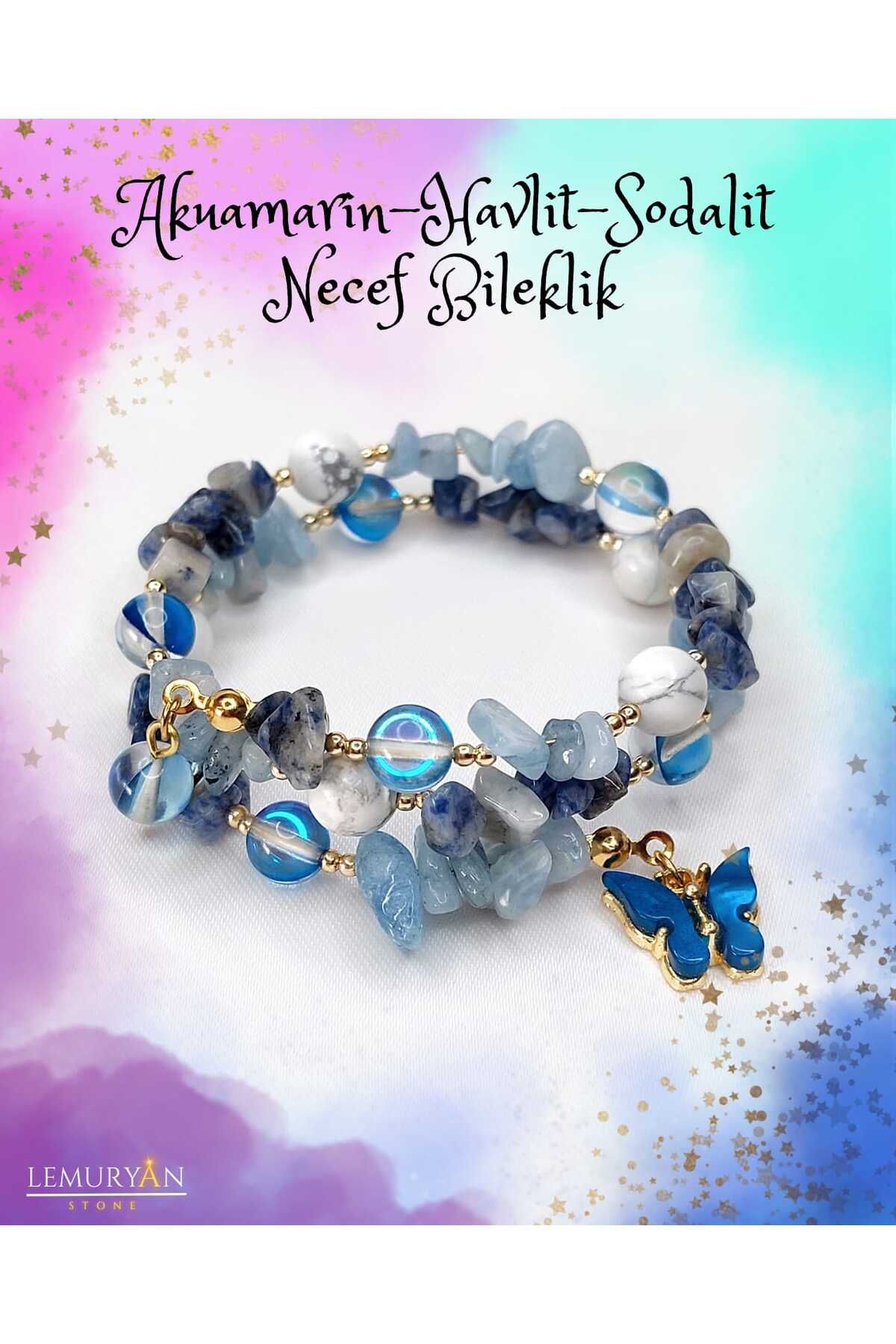 Herkimer Doğal Taş Orijinal Doğaltaş Akuamarin - Havlit - Sodalit - Necef Helozon Bileklik