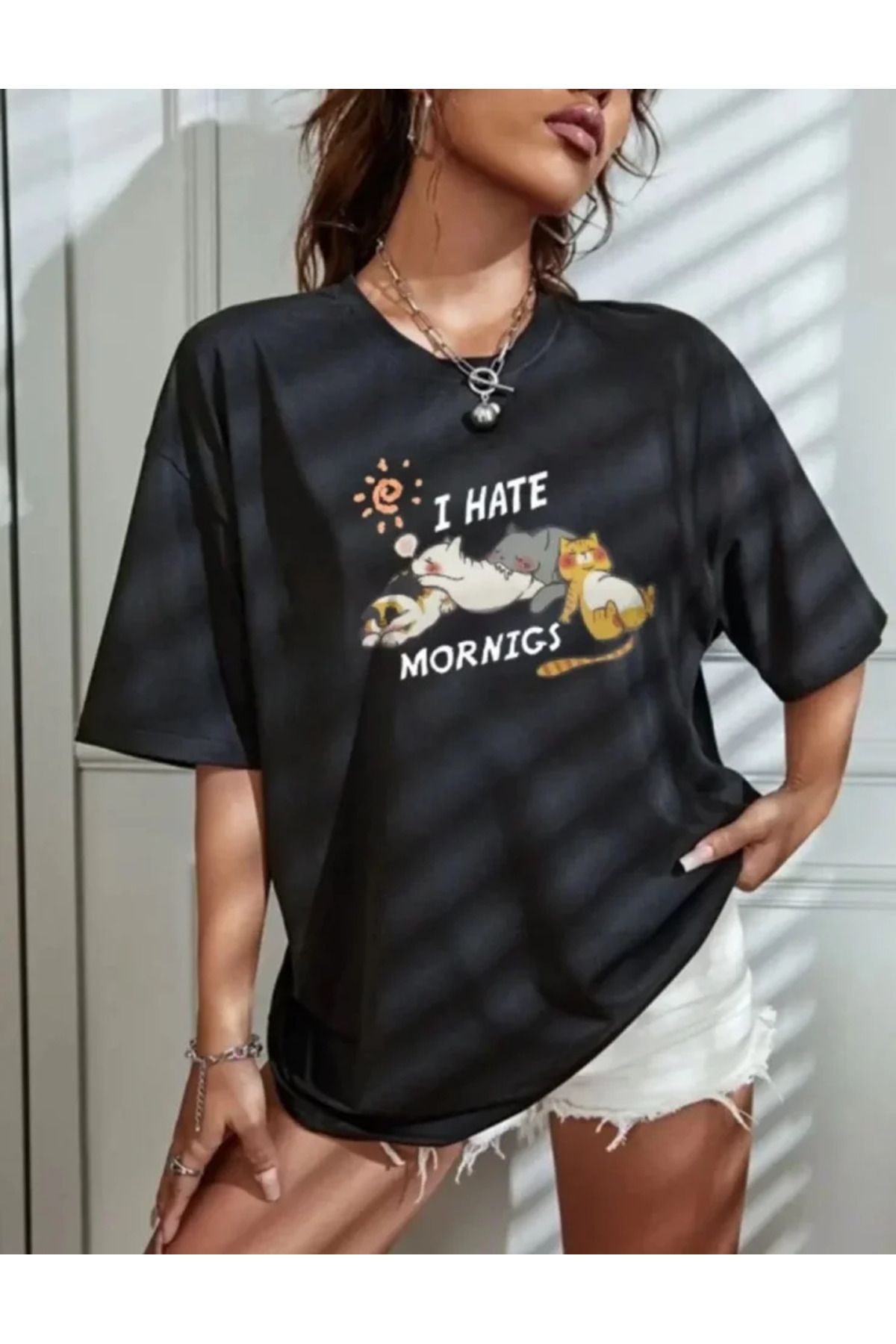 ARUZ MODA Bisiklet Yaka Baskılı Oversize T-Shirt - Siyah
