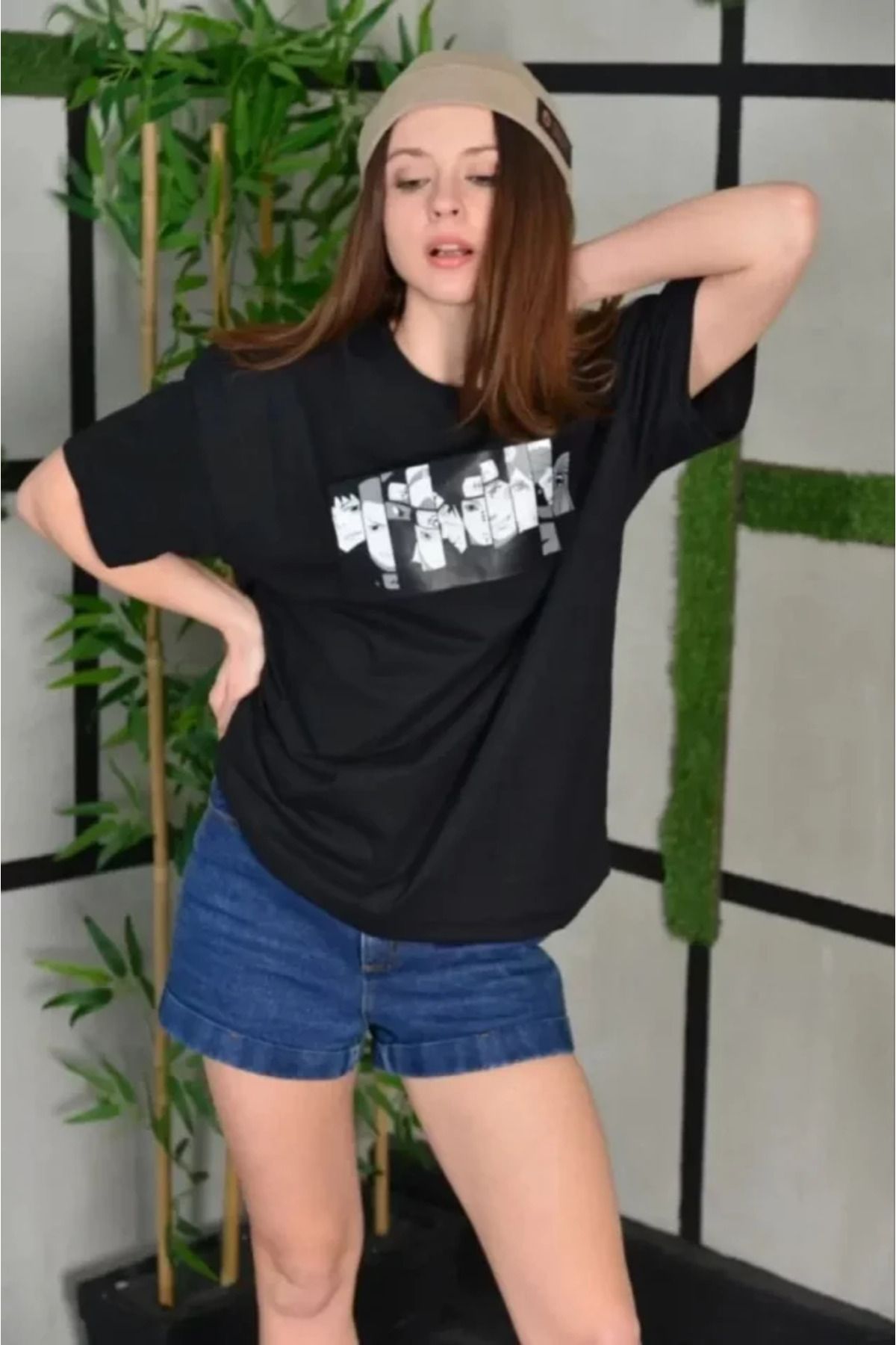 ARUZ MODA Unisex Bisiklet Yaka Baskılı Oversize T-Shirt - Siyah