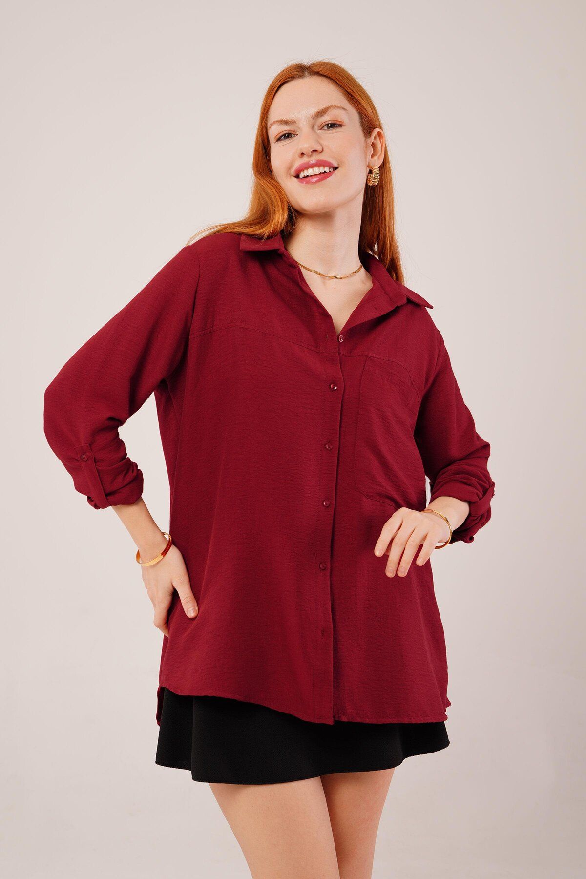 ARUZ MODA Salaş Kesim Cepli Bordo Gömlek