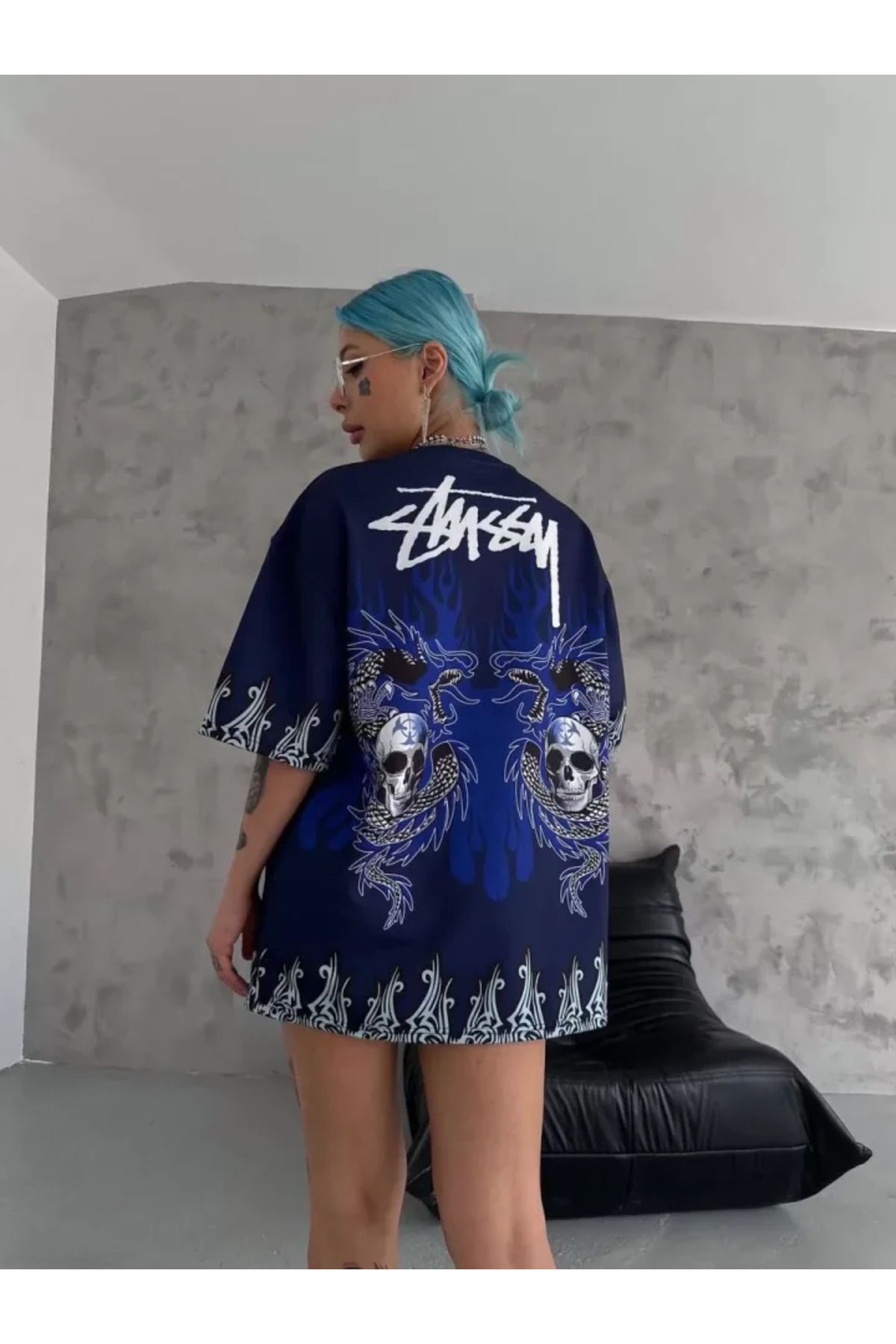 ARUZ MODA Unisex Bisiklet Yaka Baskılı Oversize T-Shirt - Lacivert