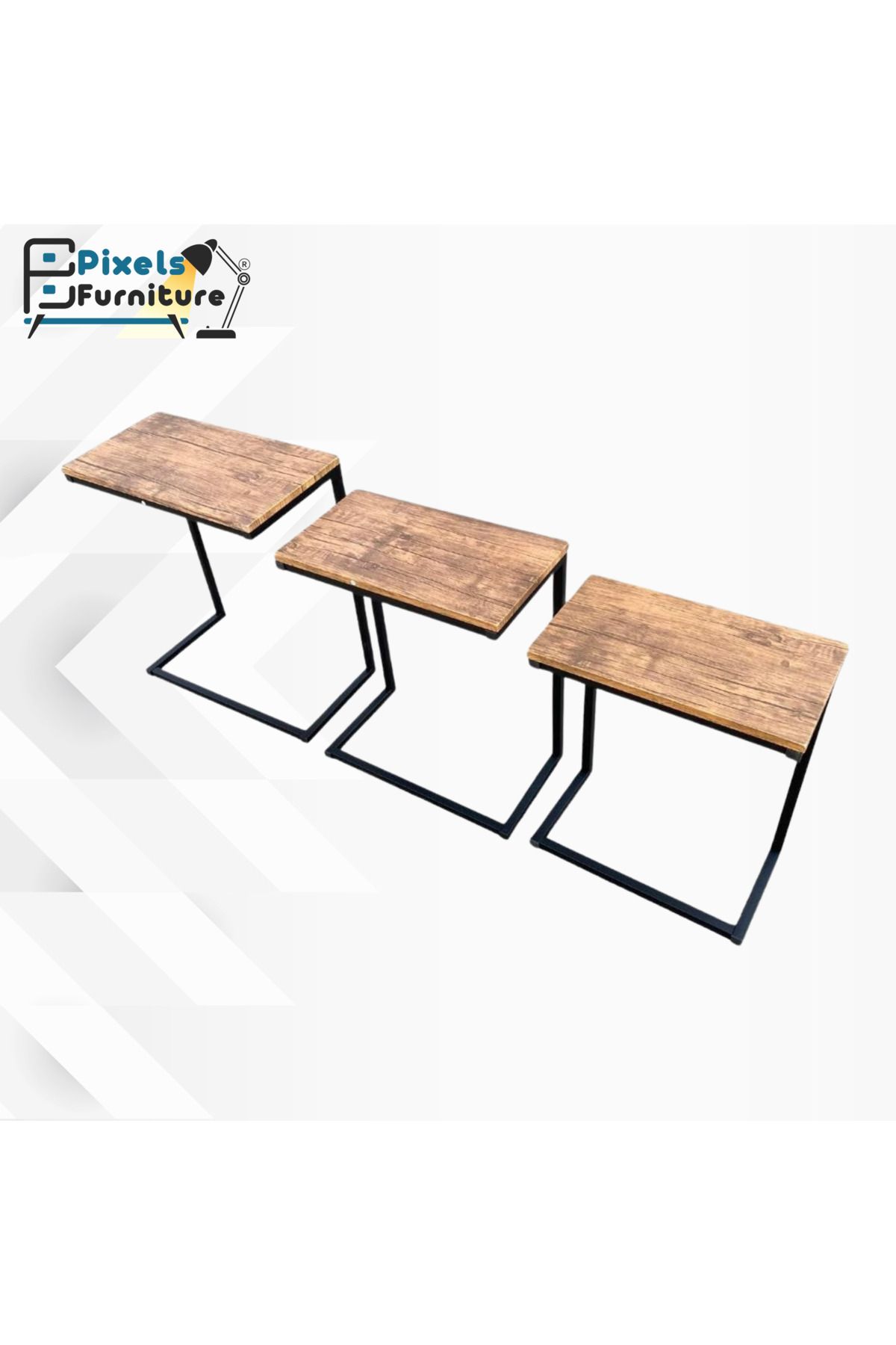 PixelsFurniture-طقم طاولات جانبية متداخلة بتصميم ريفي عصري مكون من 3 قطع من بكسل الأثاث 3