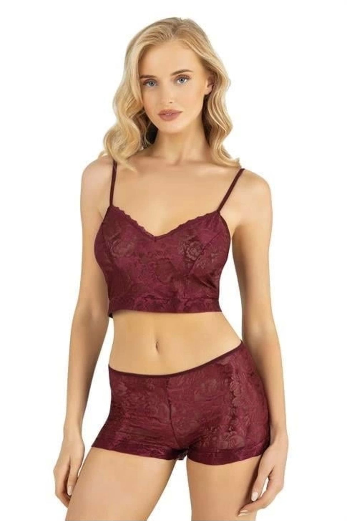 sepya Eterelle Bordo Saten Şort Takımı 9219