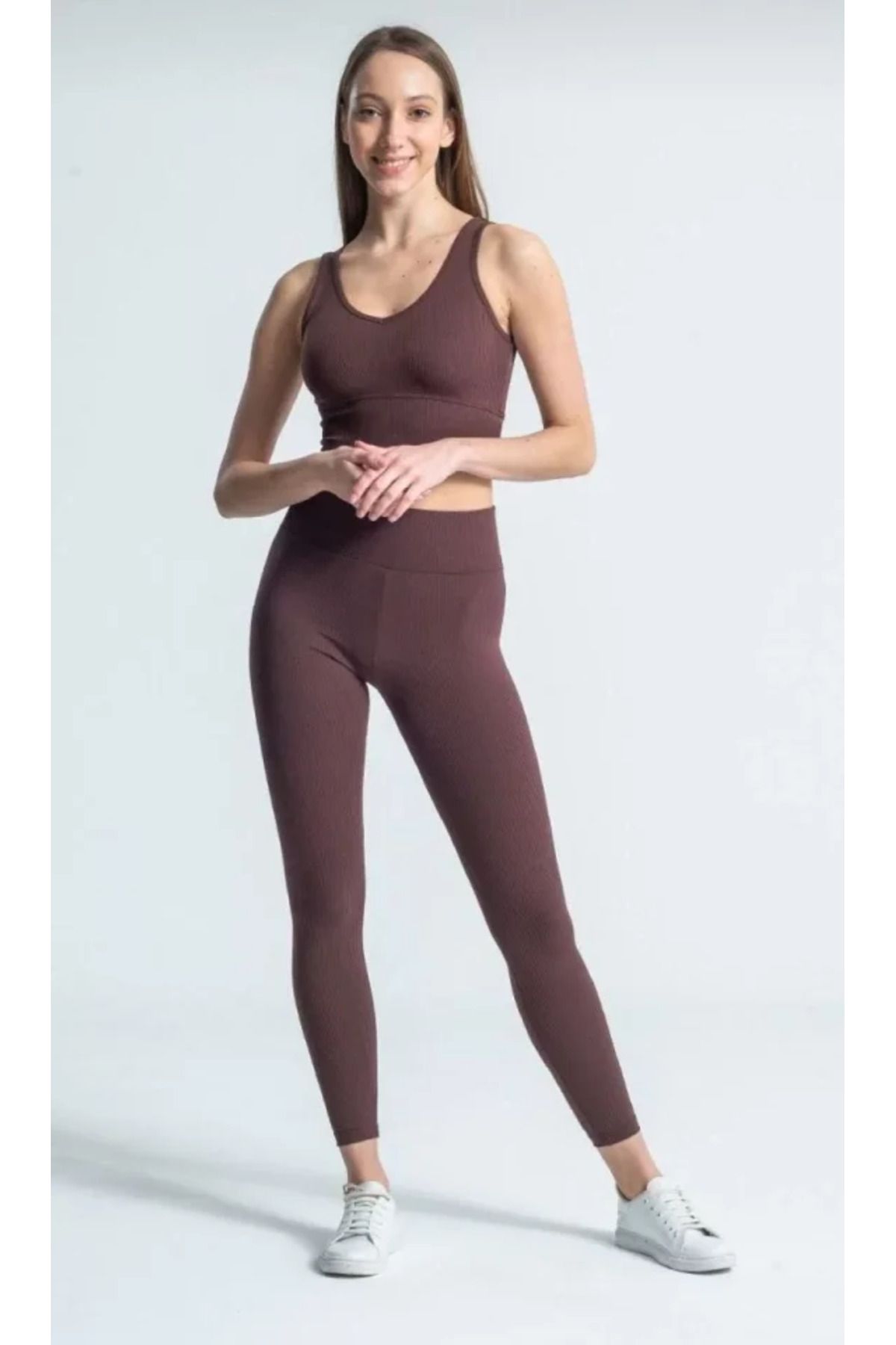 ARUZ MODA Yüksek Bel Fitilli Tayt - Kahverengi