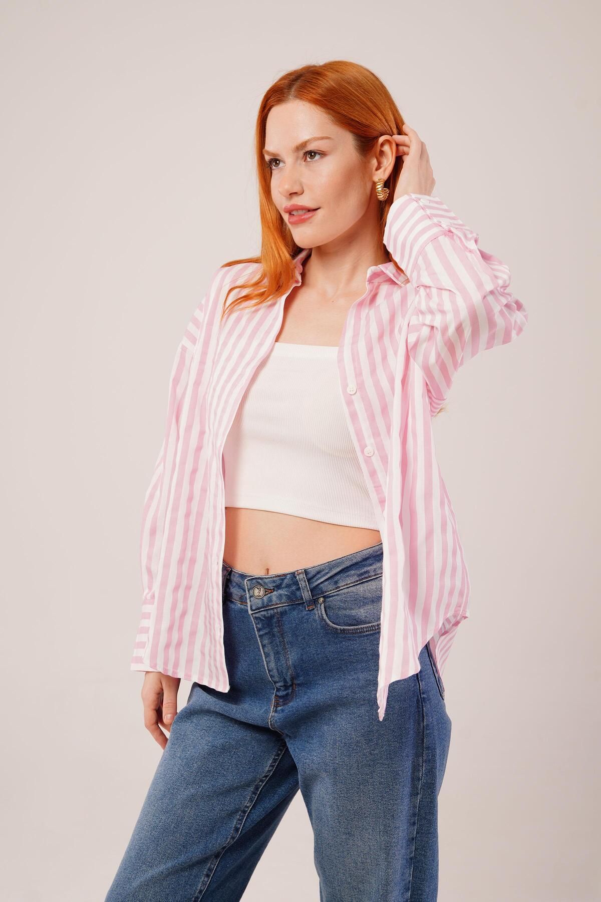 ARUZ MODA Çizgili Rahat Kesim Pembe Gömlek