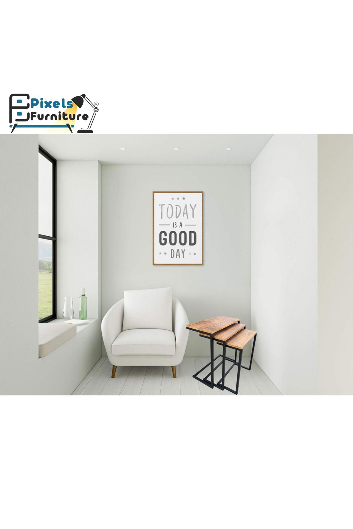 PixelsFurniture-طقم طاولات جانبية متداخلة بتصميم ريفي عصري مكون من 3 قطع من بكسل الأثاث 5