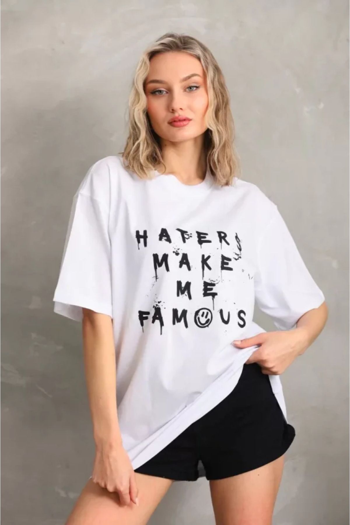 ARUZ MODA Unisex Baskılı Oversize T-Shirt - Beyaz