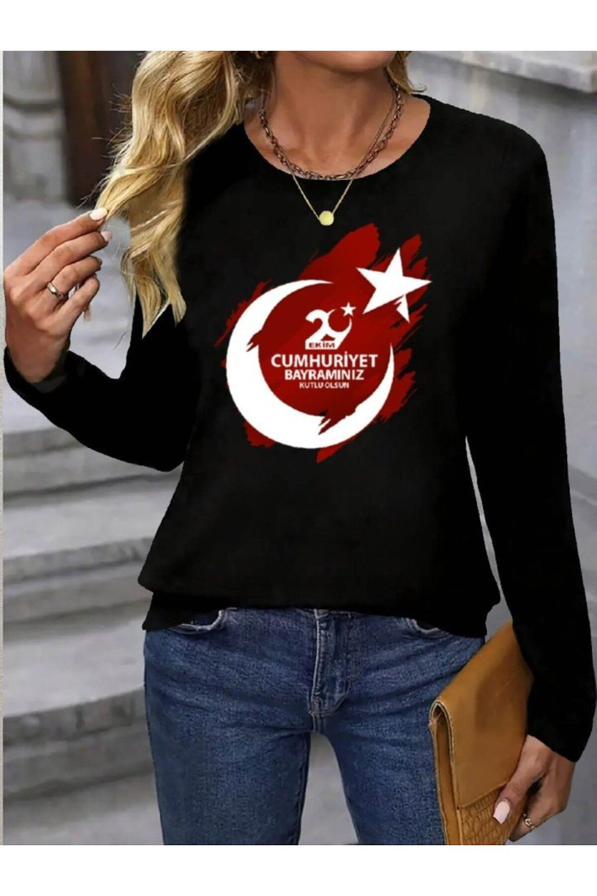ARUZ MODA Kadın Uzun Kol Bisiklet Yaka 29 Ekim Cumhuriyet Bayramına Özel Bluz
