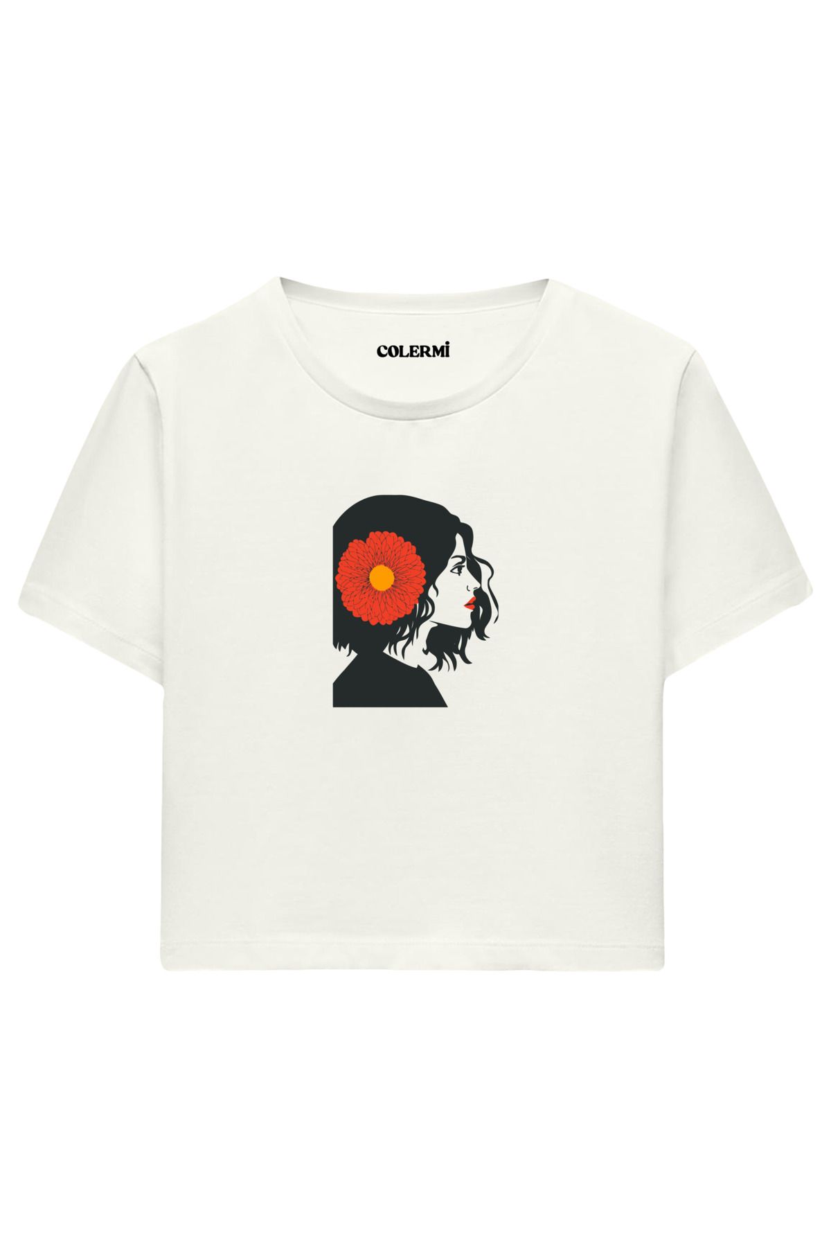 Colermi Çiçek Desenli COOL Yazılı %100 Pamuk Kadın Crop Tshirt