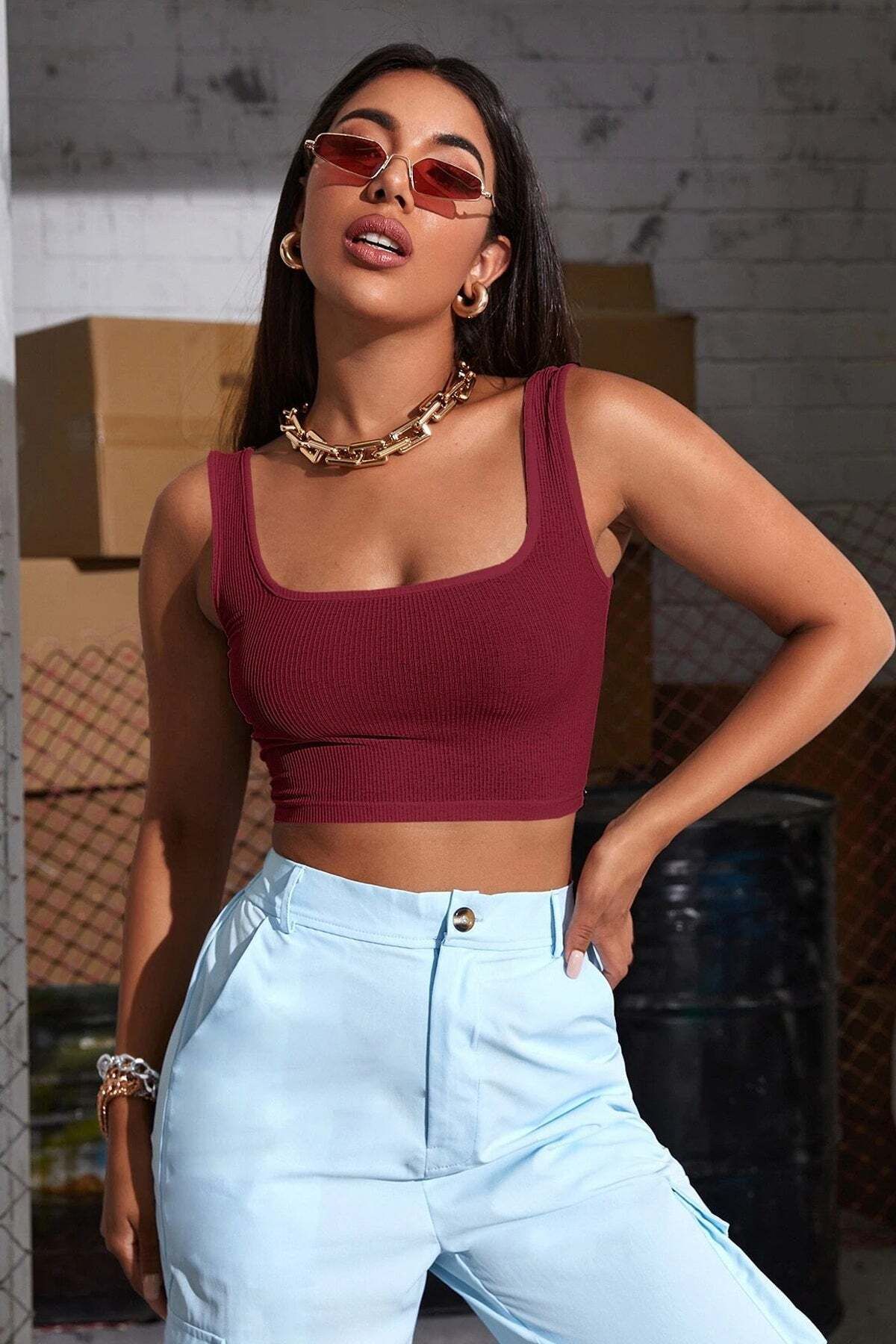 Ethab Ticaret Kadın Bordo Kalın Askılı Crop Top Büstiyer