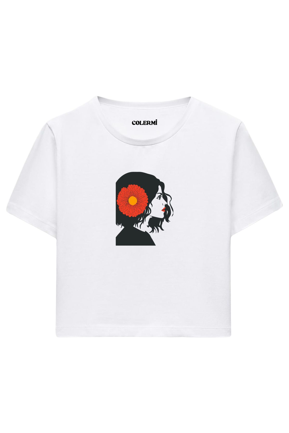 Colermi Çiçek Desenli COOL Yazılı %100 Pamuk Kadın Crop Tshirt