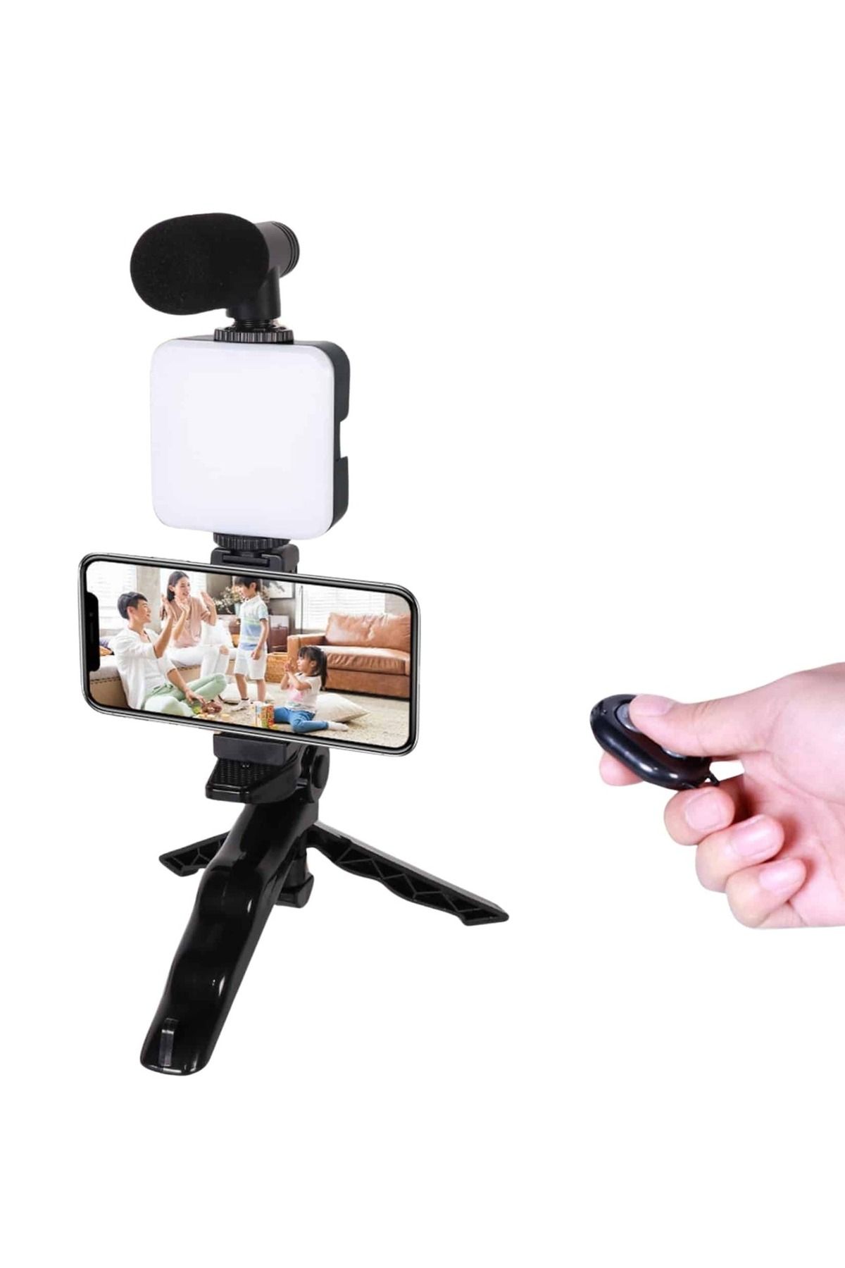 FTA TİCARET Telefon Tutucu Led Işıklı Kumandalı Mikrofon Telefon Vlog Video Kayıt