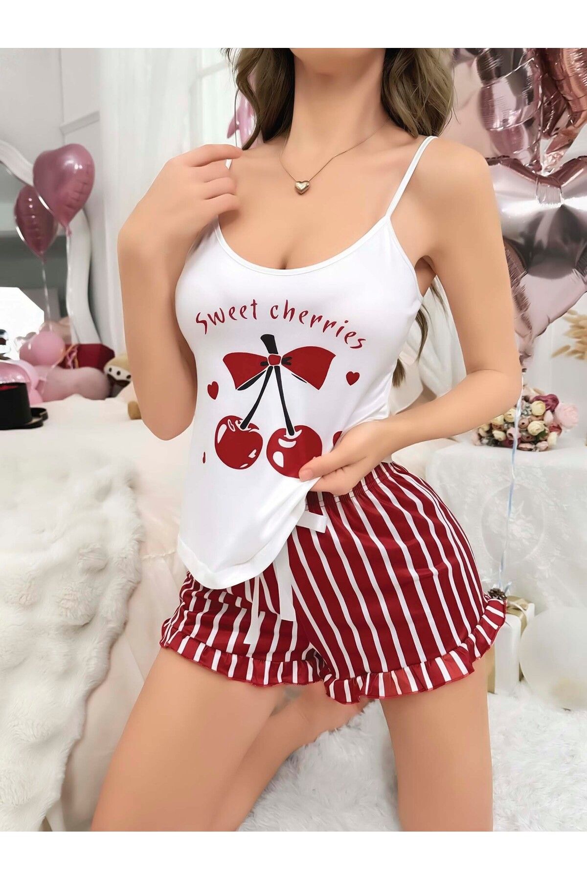 CNG fashion KİRAZ BASKILI ŞORT CROP PİJAMA TAKIMI