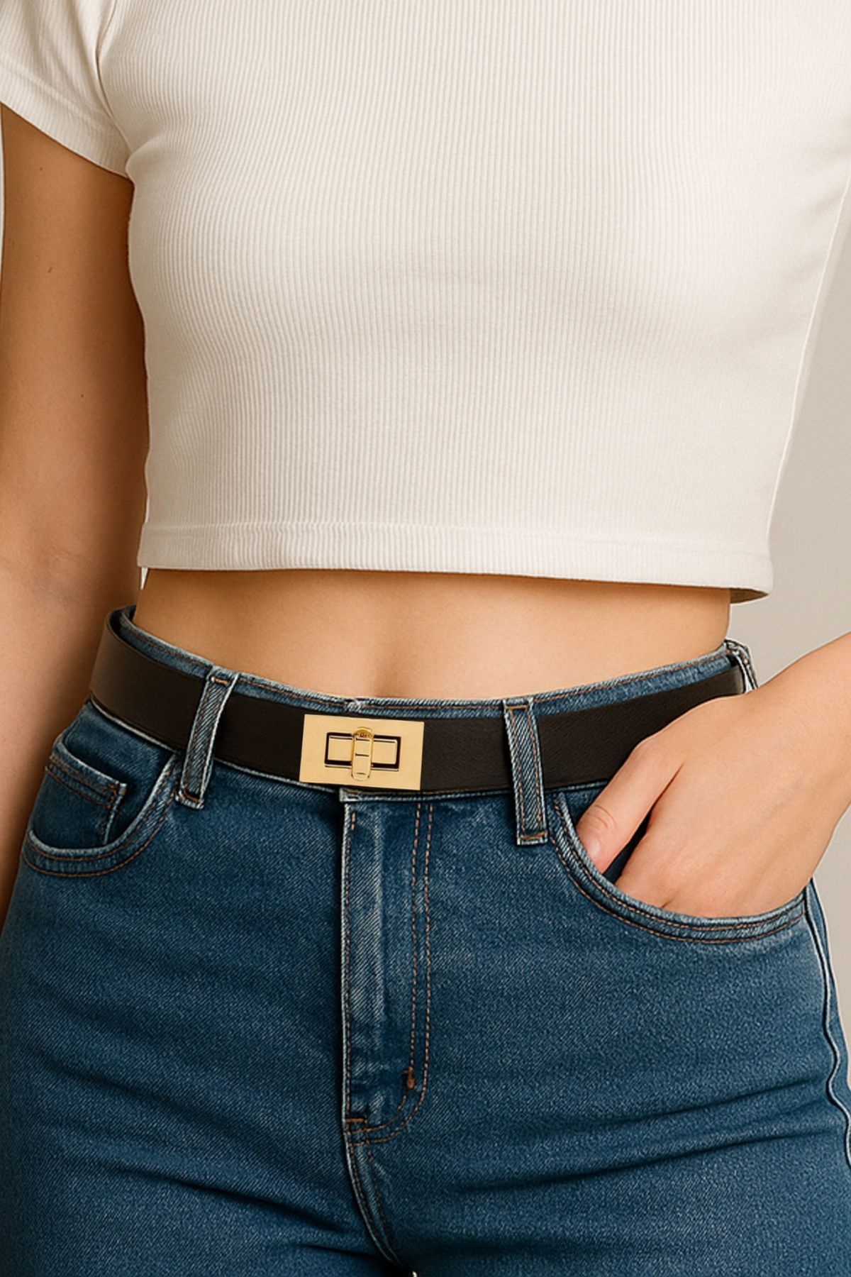 H&E LUXURY DESIGN Siyah Gold Kilit Tokalı Ayarlanabilir Pantolon, Gömlek, Ceket, Elbise, Kazak Kemeri 2,5cm