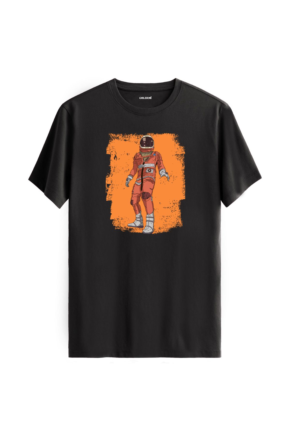 Colermi Turuncu Astronot Grafik Baskılı Unisex %100 Pamuk Antrasit Tshirt