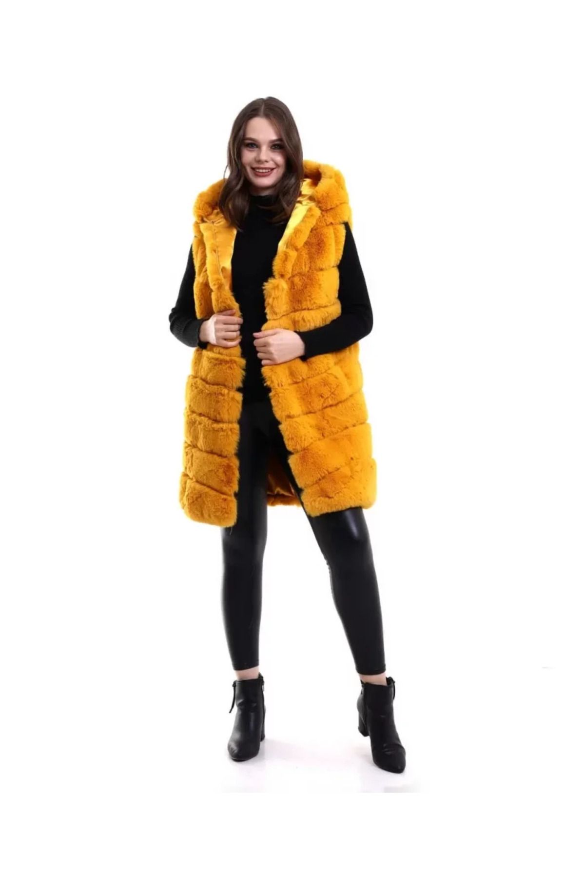 ARUZ MODA Reks Kapüşonlu Yelek - Sarı